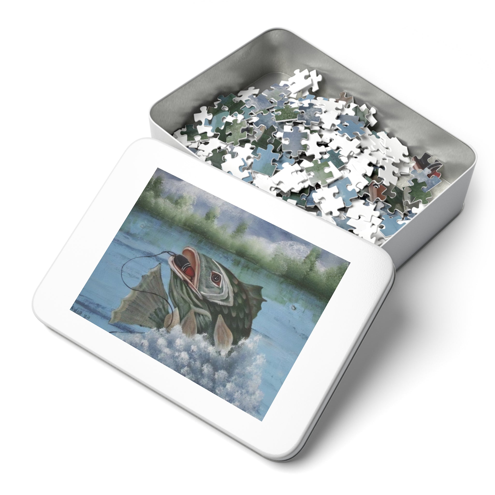 Largemouth Bass Fishing Artwork Jigsaw Puzzle with Tin | Fish Puzzle