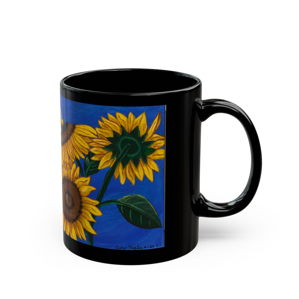 Sunflower Art Black Mug — Bright Floral Coffee Cup (11oz/15oz)