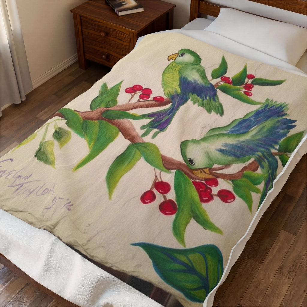 Tropical Parrot Velveteen Plush Blanket – Green Parrot & Cherry Branch Throw