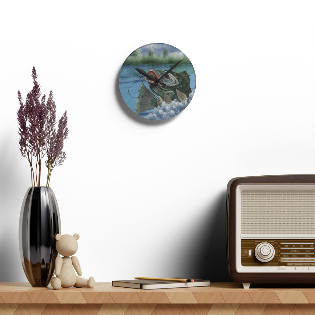 Bass Fishing Acrylic Wall Clock — Vintage Largemouth Angler Decor