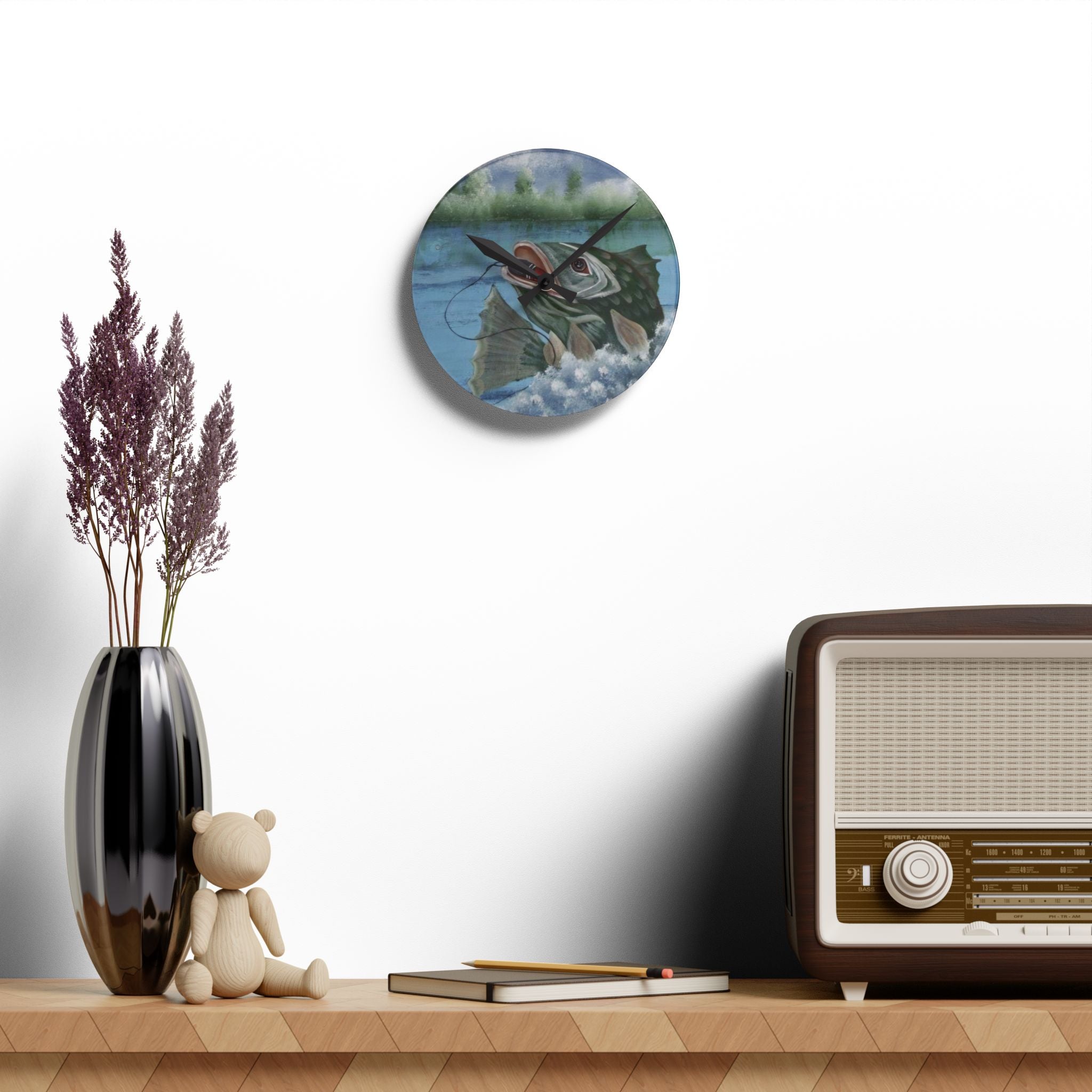 Bass Fishing Acrylic Wall Clock — Vintage Largemouth Angler Decor