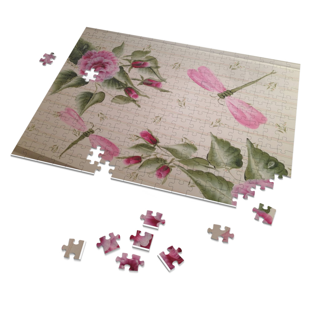 Pink Floral and Dragonfly Jigsaw Puzzle with Tin