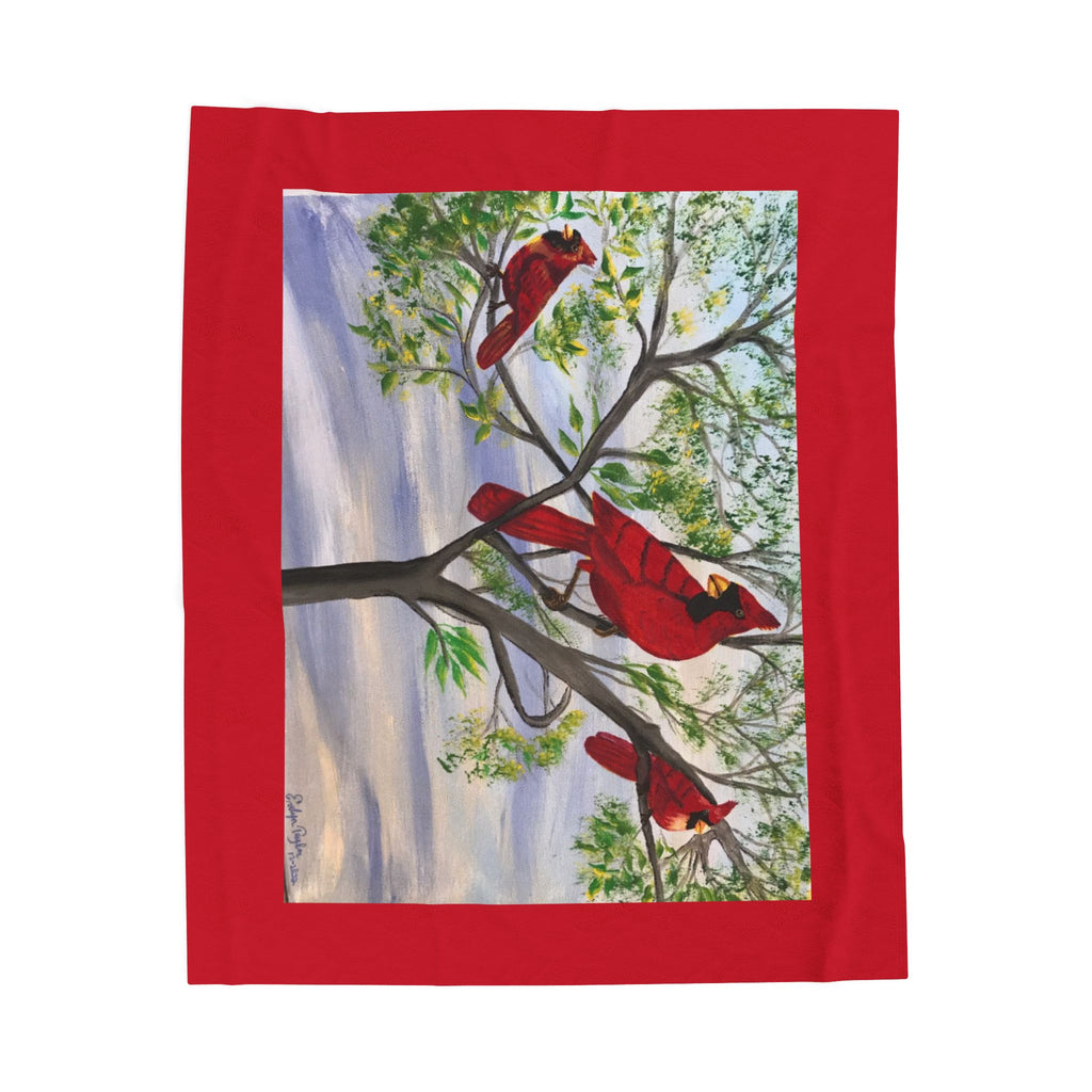 Cardinal Trio Velveteen Plush Blanket — Cozy Nature Throw with Red Bird Artwork
