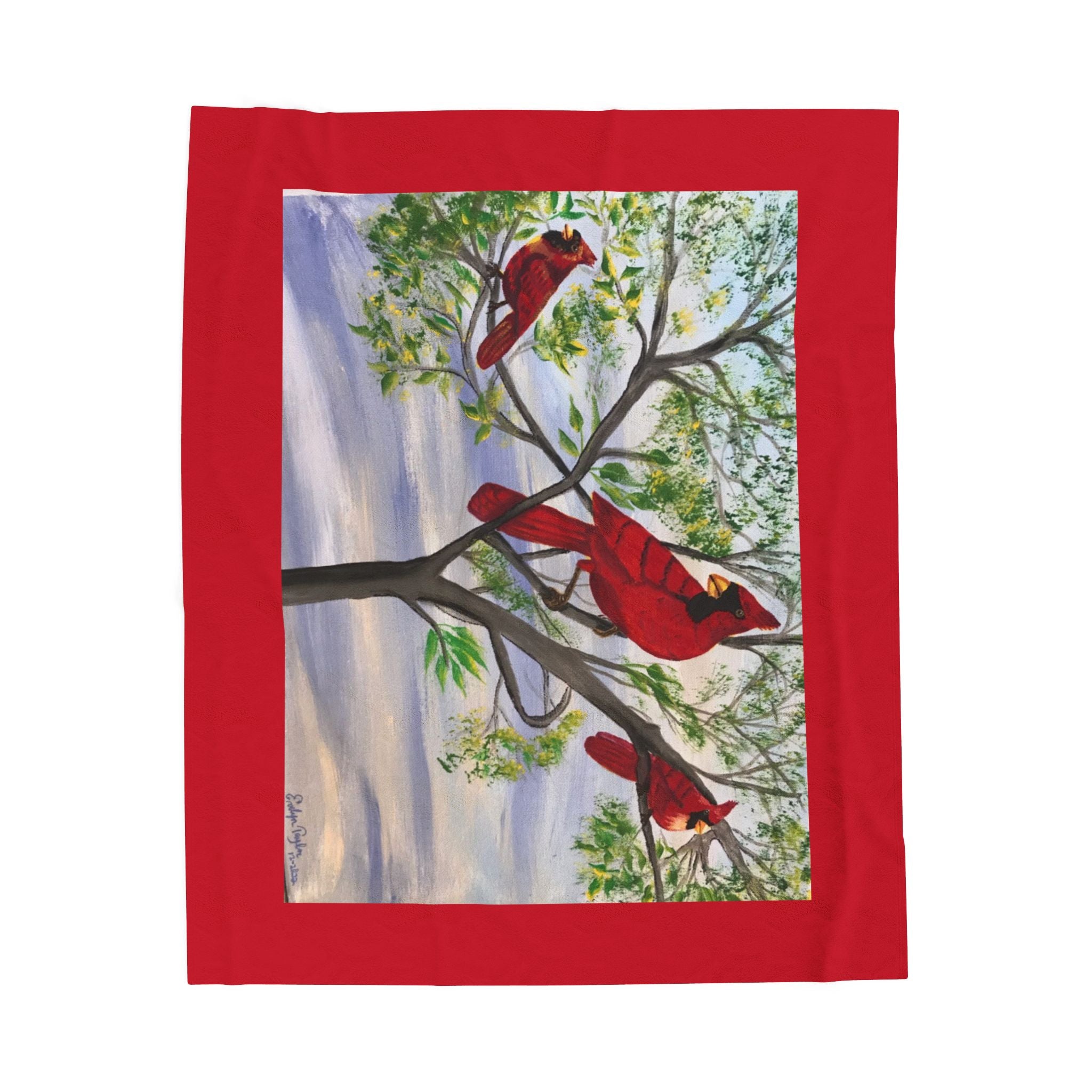 Cardinal Trio Velveteen Plush Blanket — Cozy Nature Throw with Red Bird Artwork