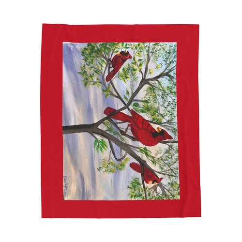 Cardinal Trio Velveteen Plush Blanket — Cozy Nature Throw with Red Bird Artwork
