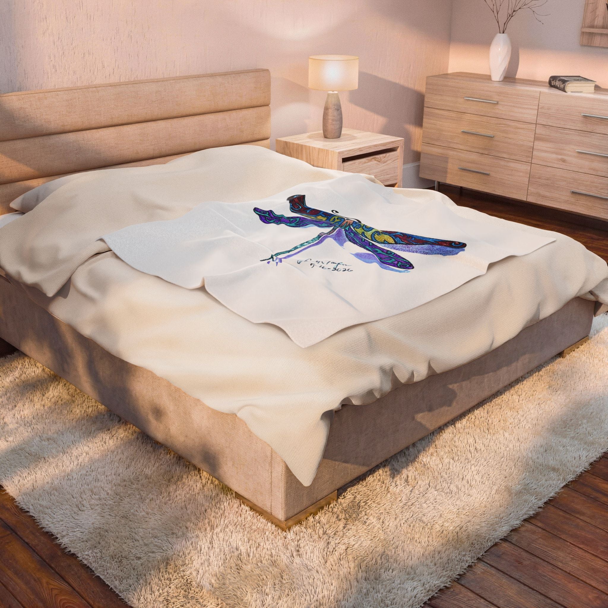 Dragonfly Art Velveteen Plush Blanket — Colorful Nature Throw