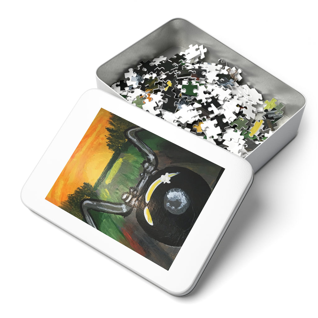 Motorcycle Sunset Jigsaw Puzzle with Tin - 500-Piece Scenic Bike Art