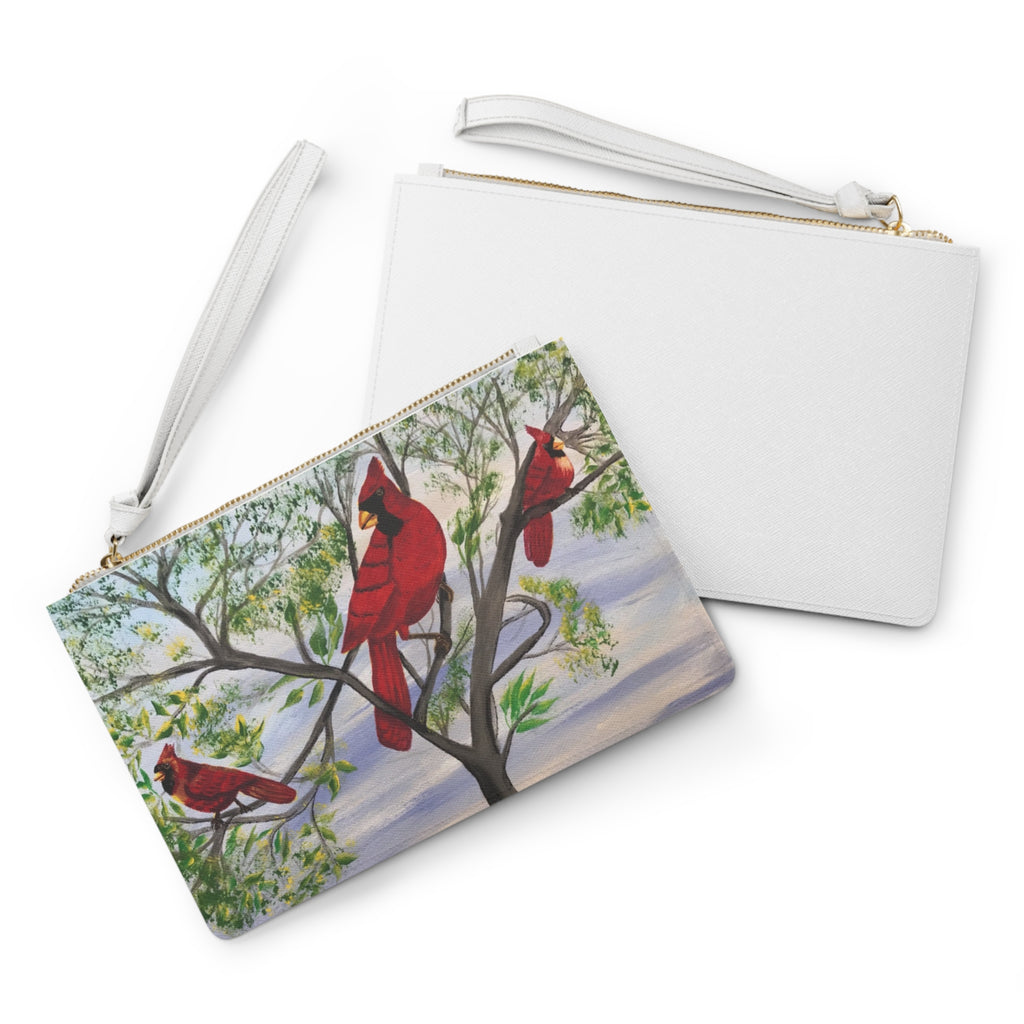Cardinal Trio Clutch Bag — Painted Red Cardinals on Branch Wristlet