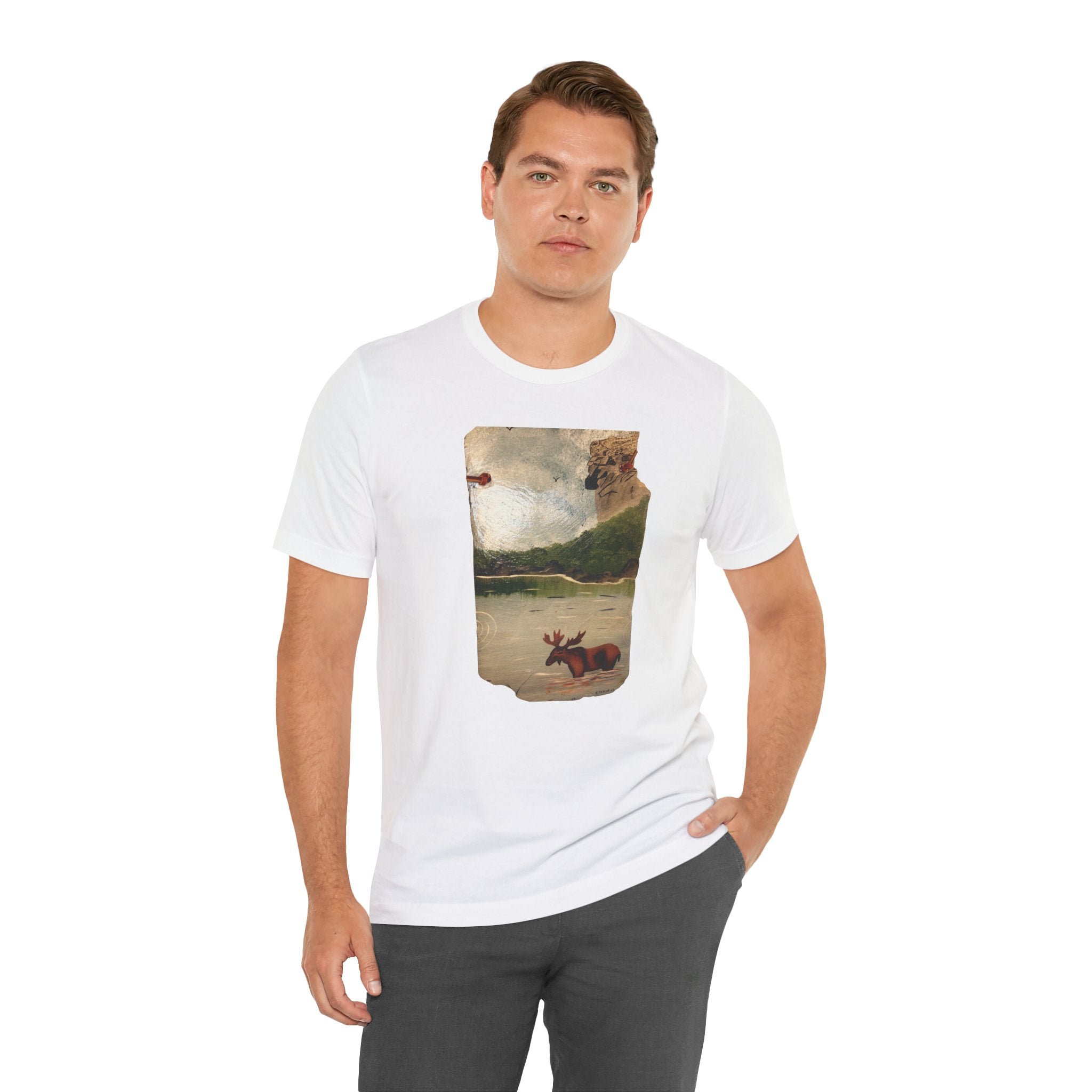 Moose at Lake T-Shirt | Vintage Nature Illustration, Woodland Landscape