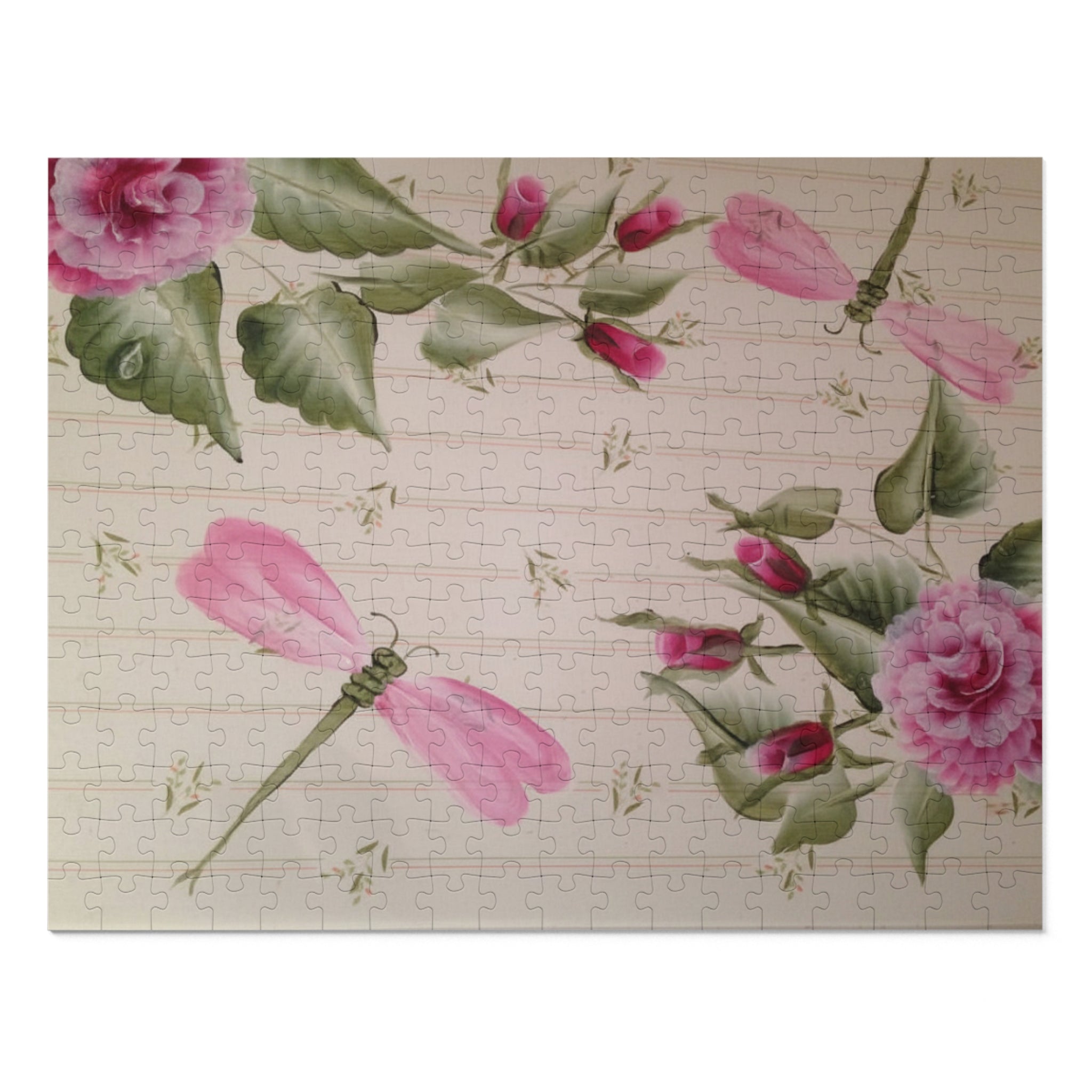 Floral Dragonfly Jigsaw Puzzle (with Tin) — 500-Piece Vintage Pink Rose Puzzle Gift
