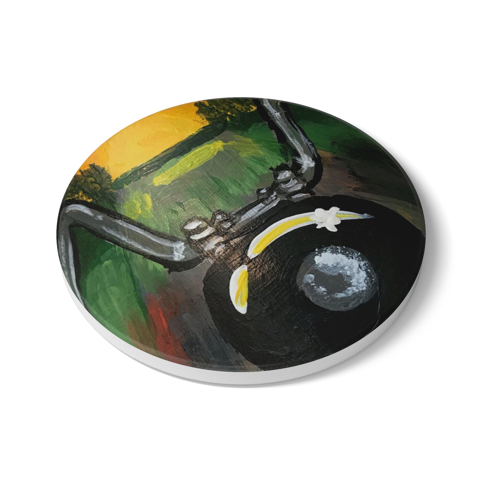 Motorcycle Ride Ceramic Coaster — Vintage Bike Handlebar Artwork