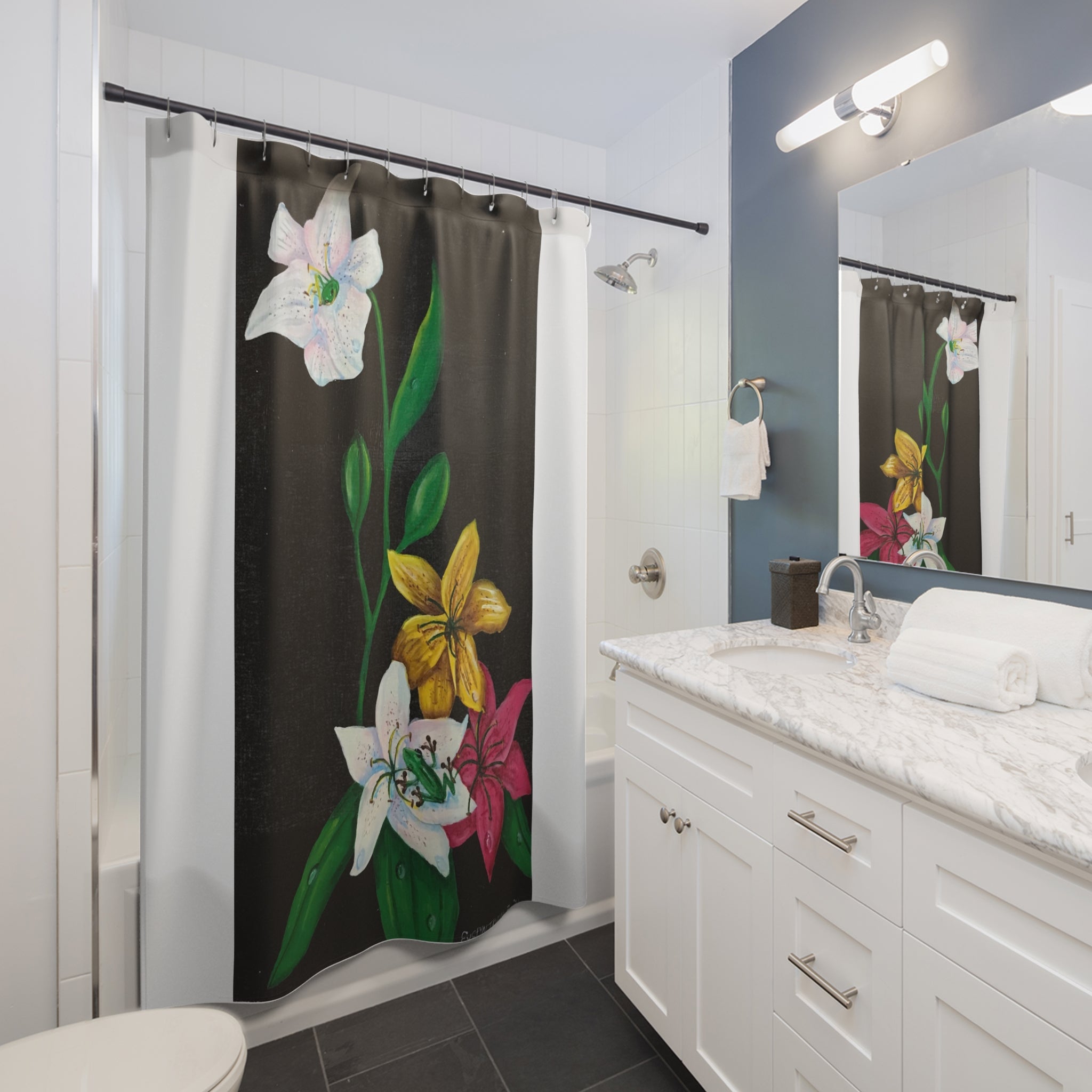Two Tree Toads & Four Lily Blooms — Floral Art Shower Curtain