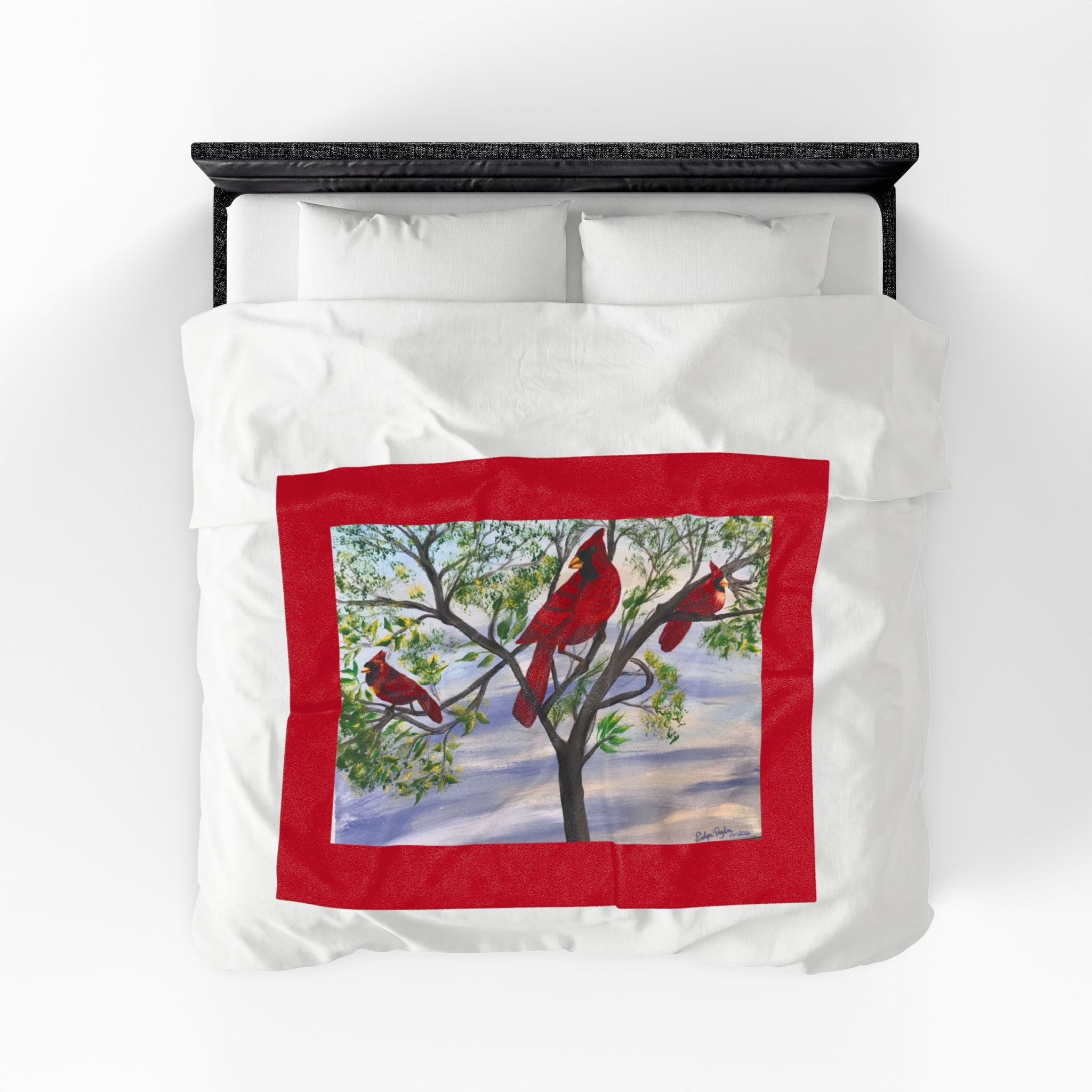 Cardinal Trio Velveteen Plush Blanket — Cozy Nature Throw with Red Bird Artwork