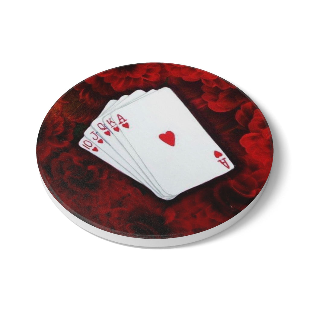 Poker Royal Flush Ceramic Coaster — Playing Cards Drink Coaster (Hearts)