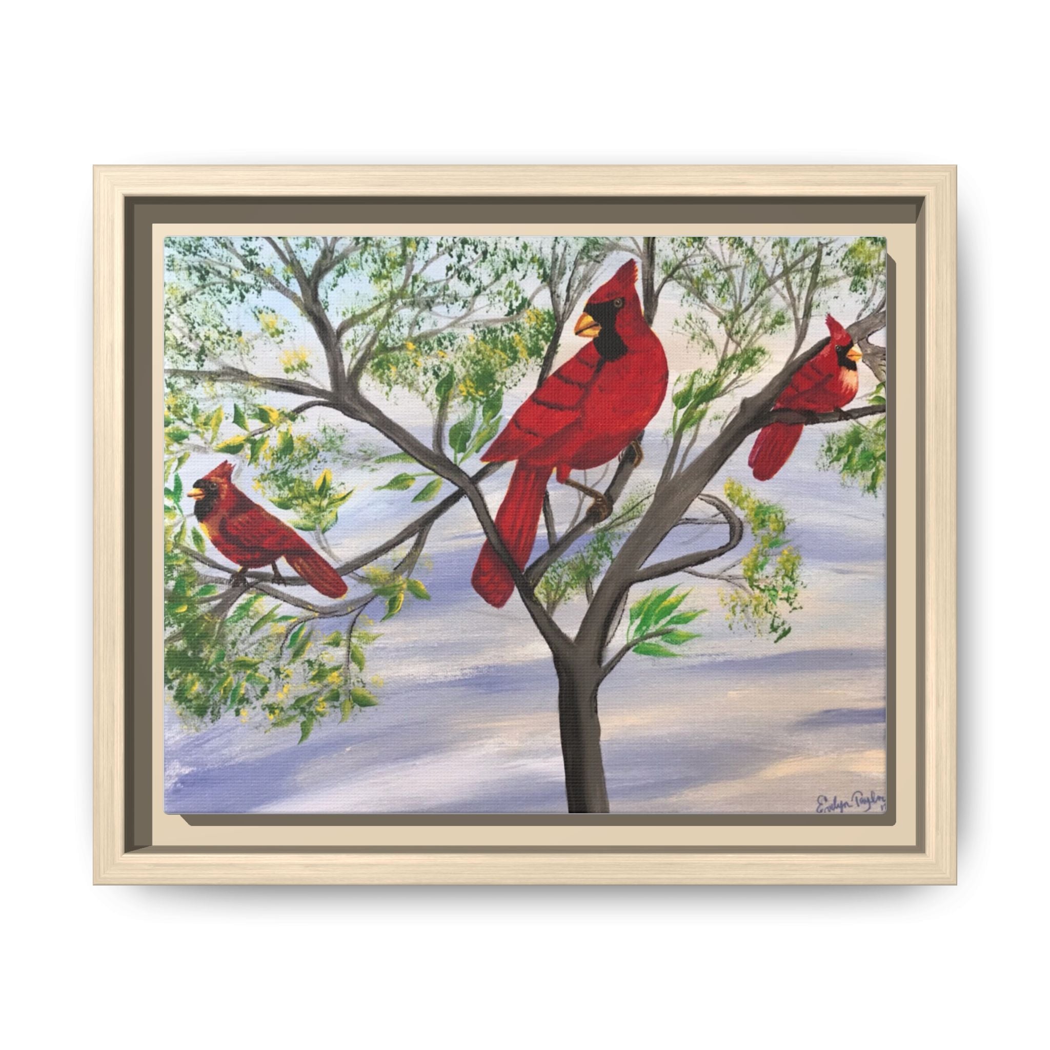Framed Cardinal Canvas Print — Red Cardinals on Branches Wall Art