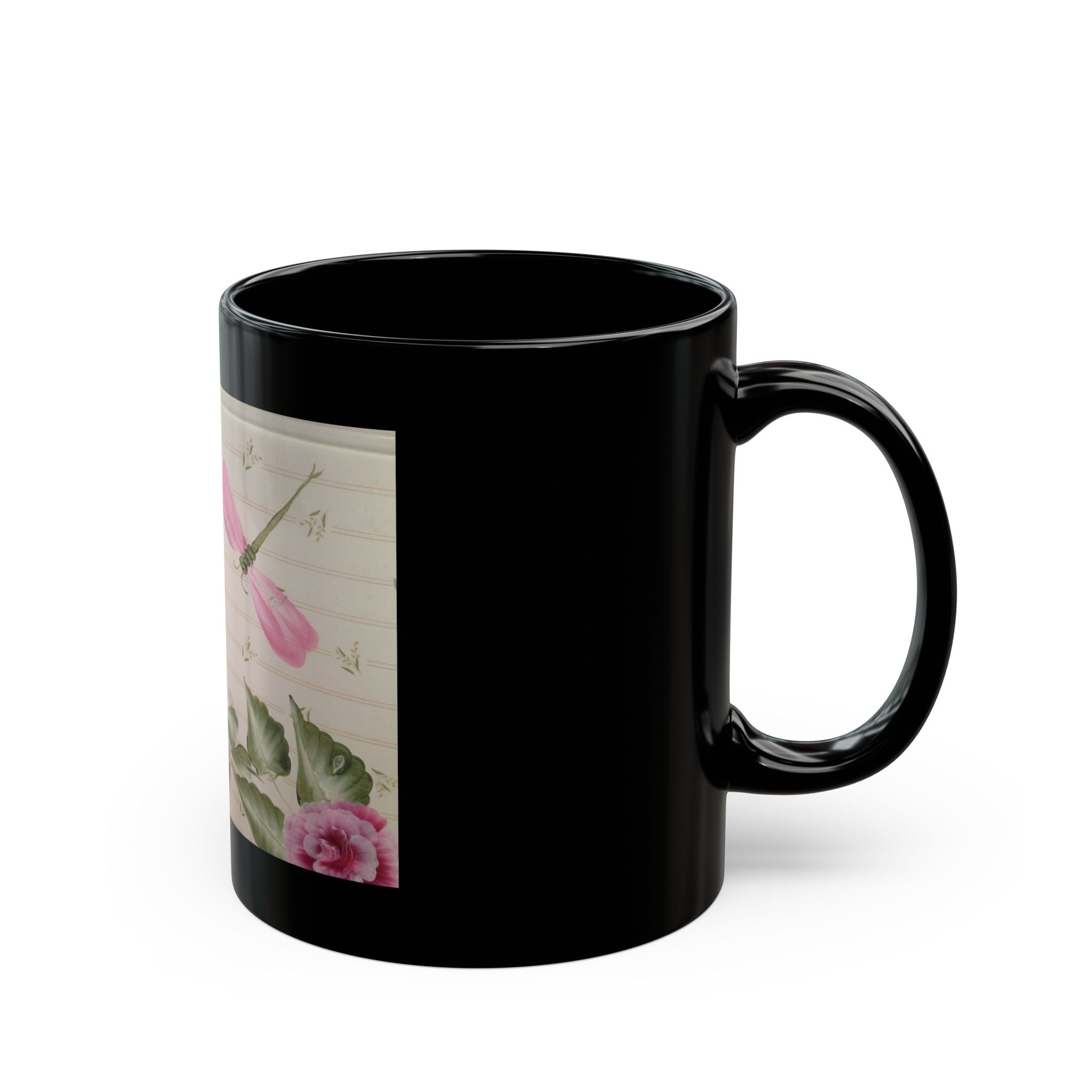 Pink Rose and Dragonfly Illustration Mug | Black Ceramic Coffee Cup