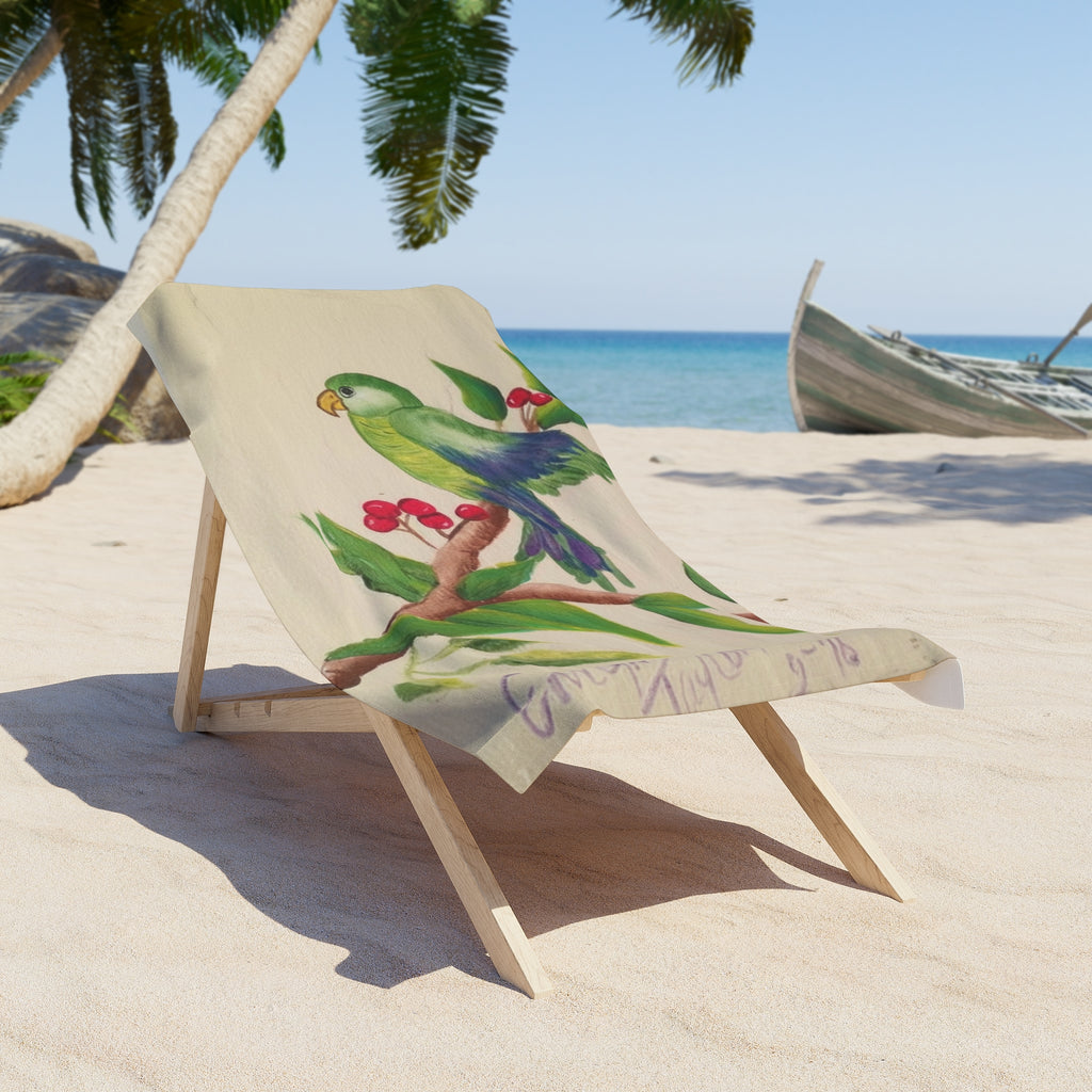 Parrot Blossom Beach Towel — Tropical Bird Print Sand & Pool Towel