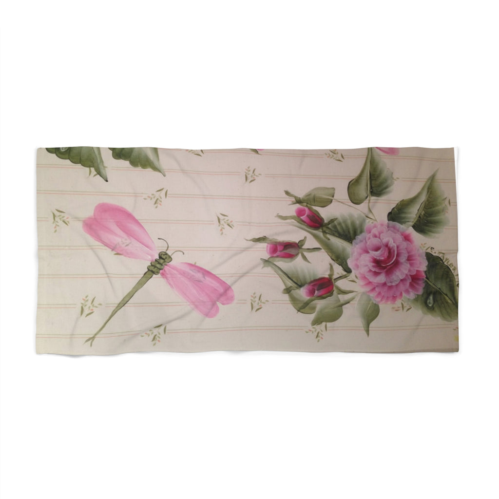 Pink Dragonfly & Rose Beach Towel — Vintage Floral Summer Towel