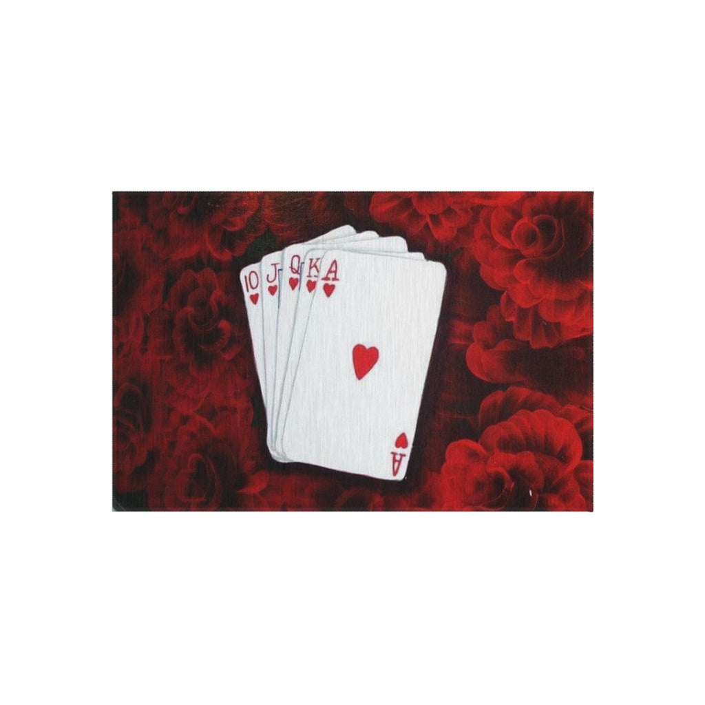 Outdoor Rug – Royal Flush Heart Cards on Red Rose Pattern Patio Rug