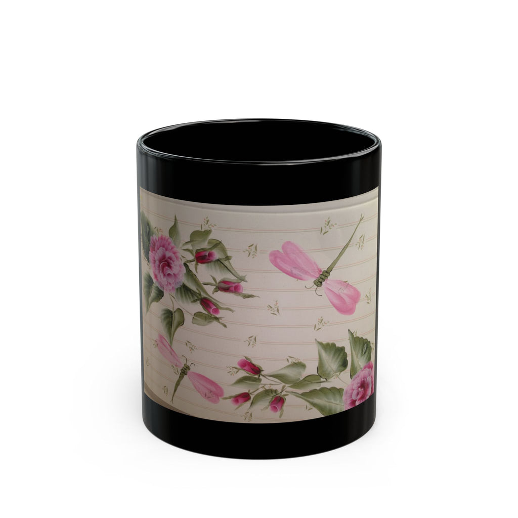 Pink Rose and Dragonfly Illustration Mug | Black Ceramic Coffee Cup
