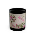 Pink Rose and Dragonfly Illustration Mug | Black Ceramic Coffee Cup