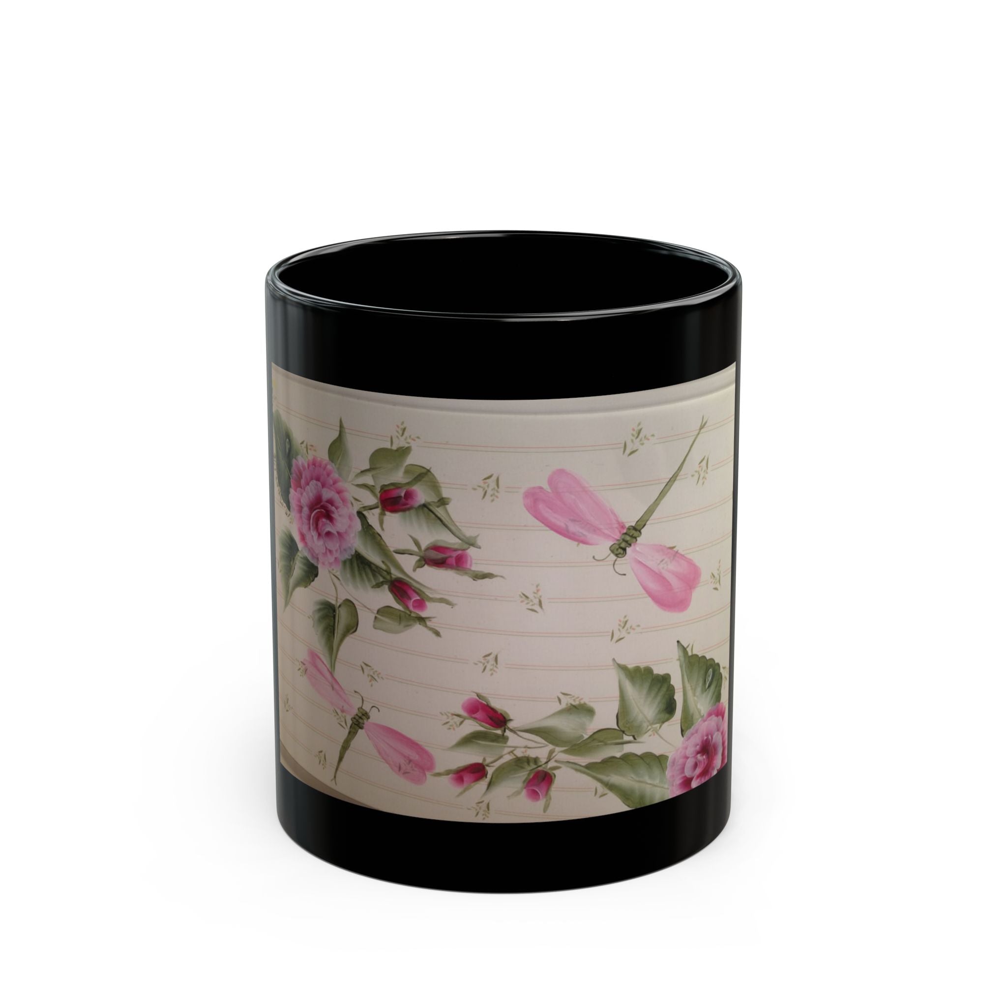 Pink Rose and Dragonfly Illustration Mug | Black Ceramic Coffee Cup