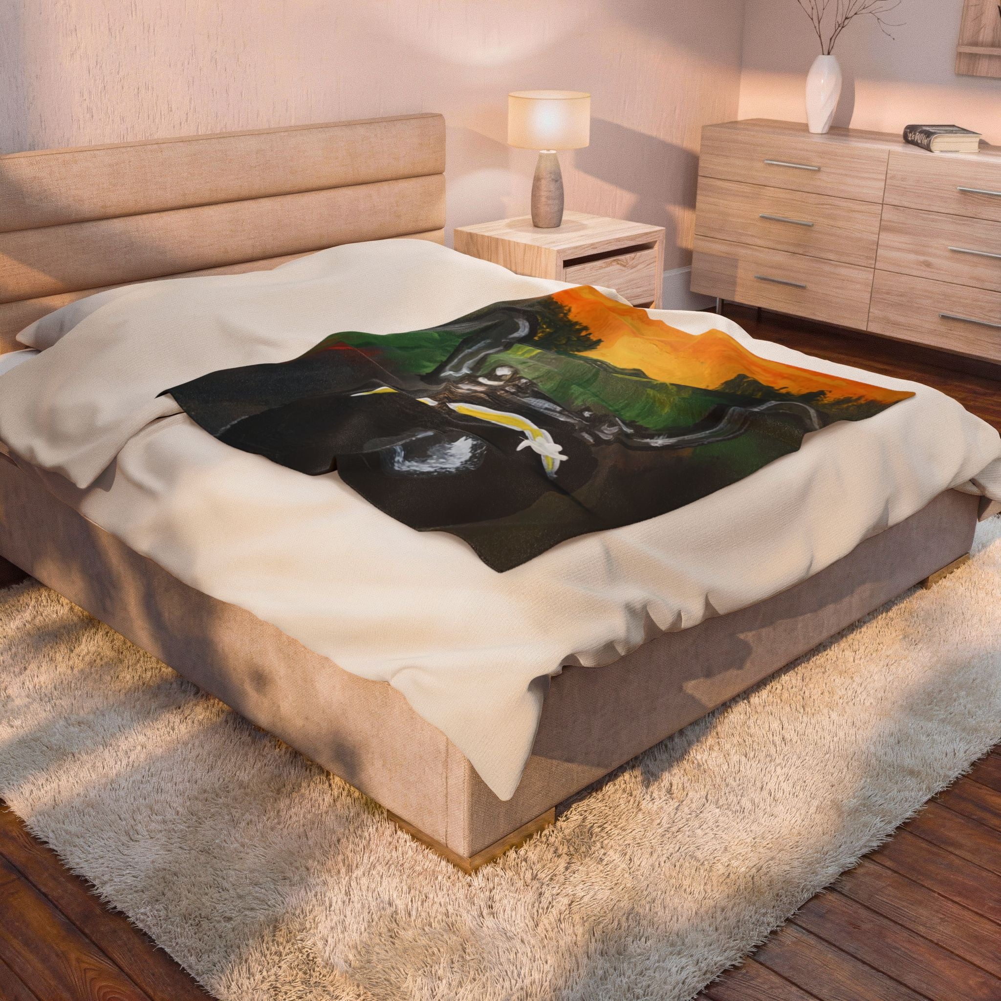 Sunset Ride Velveteen Plush Blanket – Motorcycle Handlebars Scenic Throw
