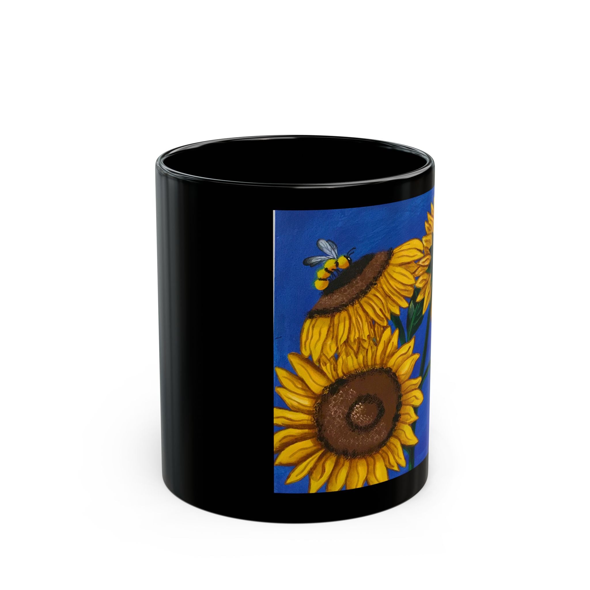 Sunflower Art Black Mug — Bright Floral Coffee Cup (11oz/15oz)