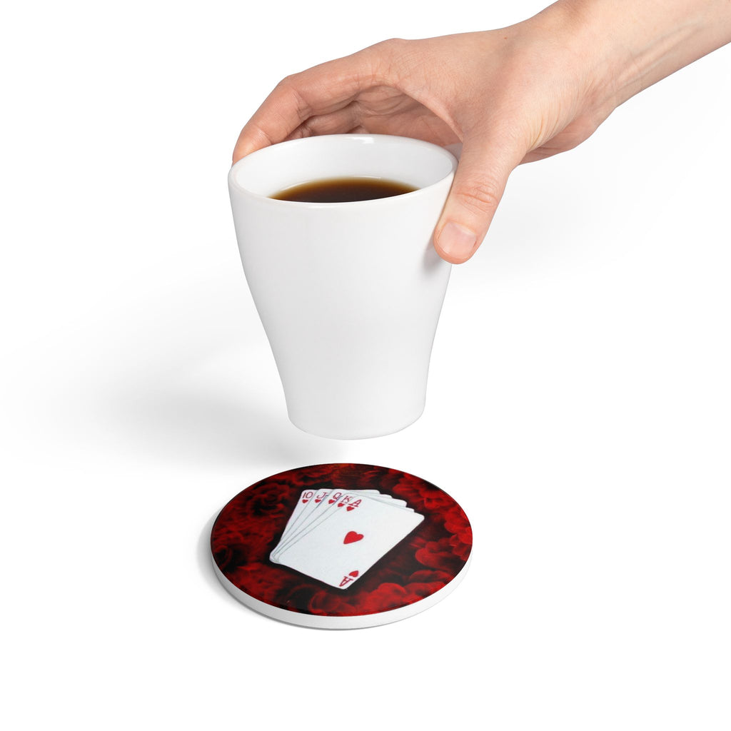 Poker Royal Flush Ceramic Coaster — Playing Cards Drink Coaster (Hearts)
