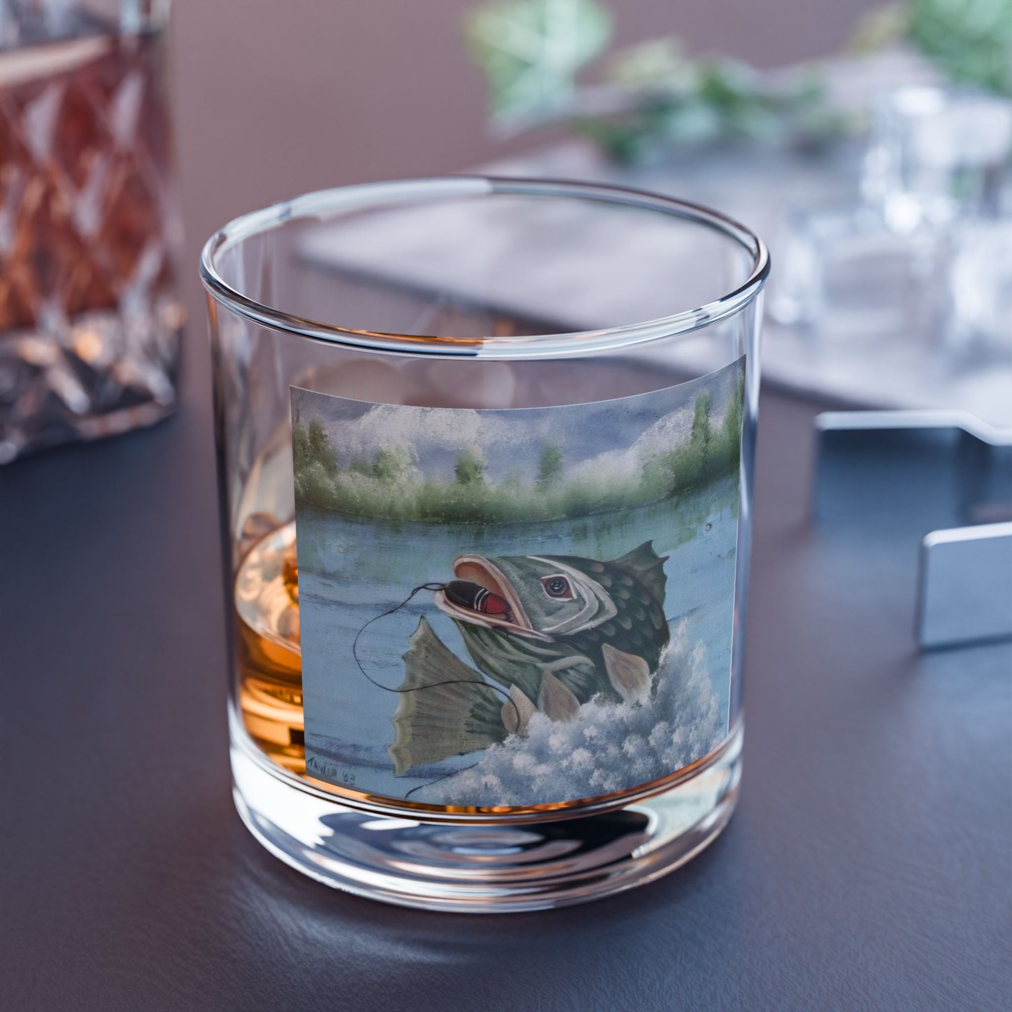 Black Bass Fish Whiskey Glass - 10oz Rocks Glass with Fish Art