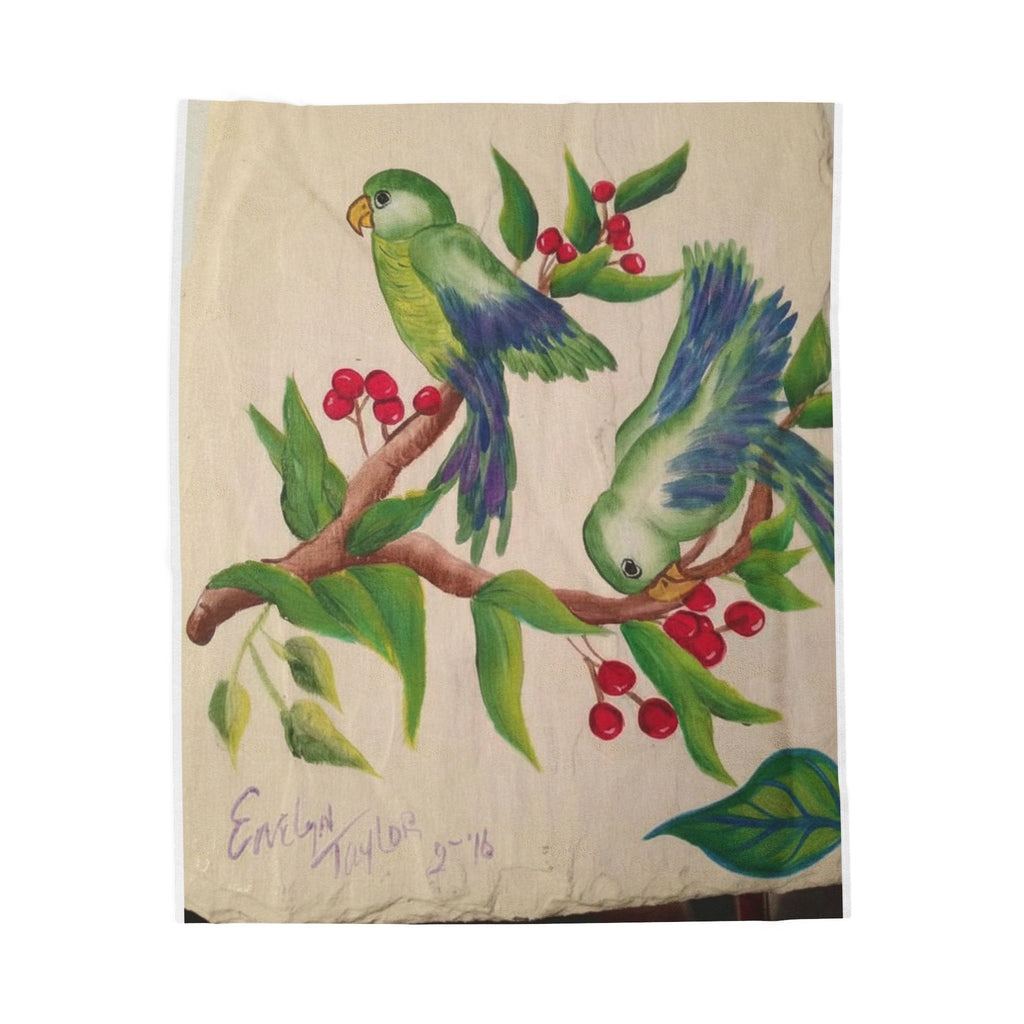 Tropical Parrot Velveteen Plush Blanket – Green Parrot & Cherry Branch Throw