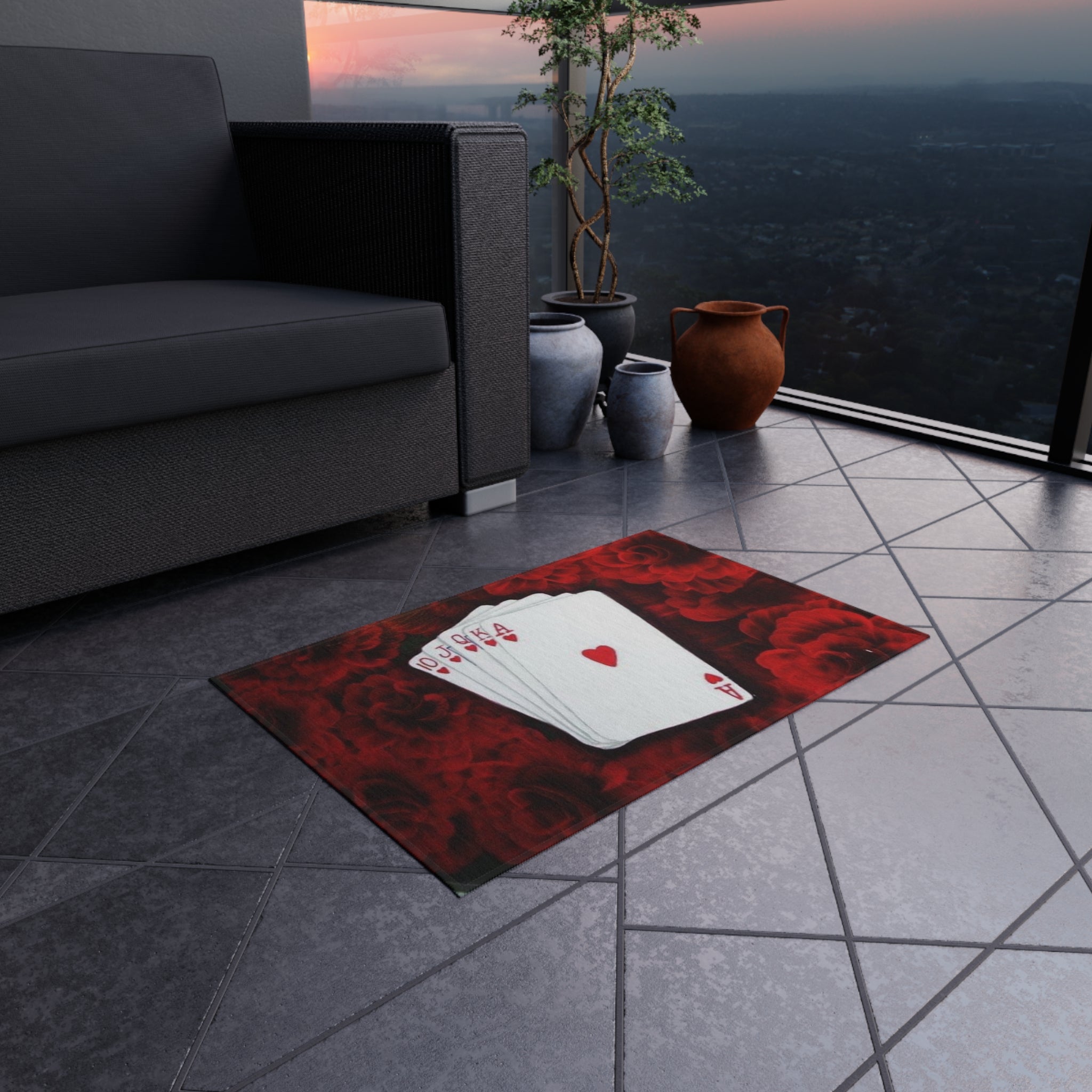 Outdoor Rug – Royal Flush Heart Cards on Red Rose Pattern Patio Rug
