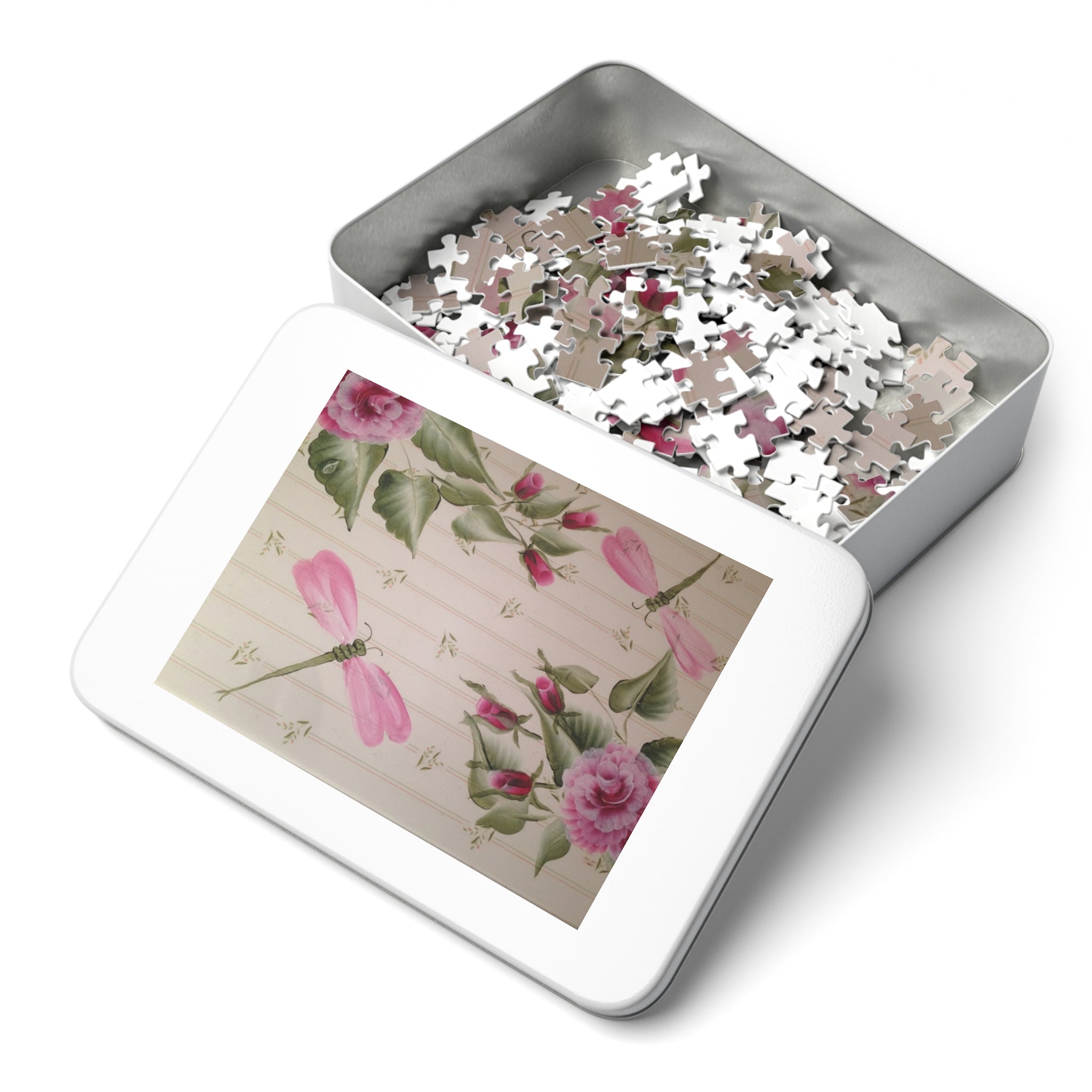 Floral Dragonfly Jigsaw Puzzle (with Tin) — 500-Piece Vintage Pink Rose Puzzle Gift