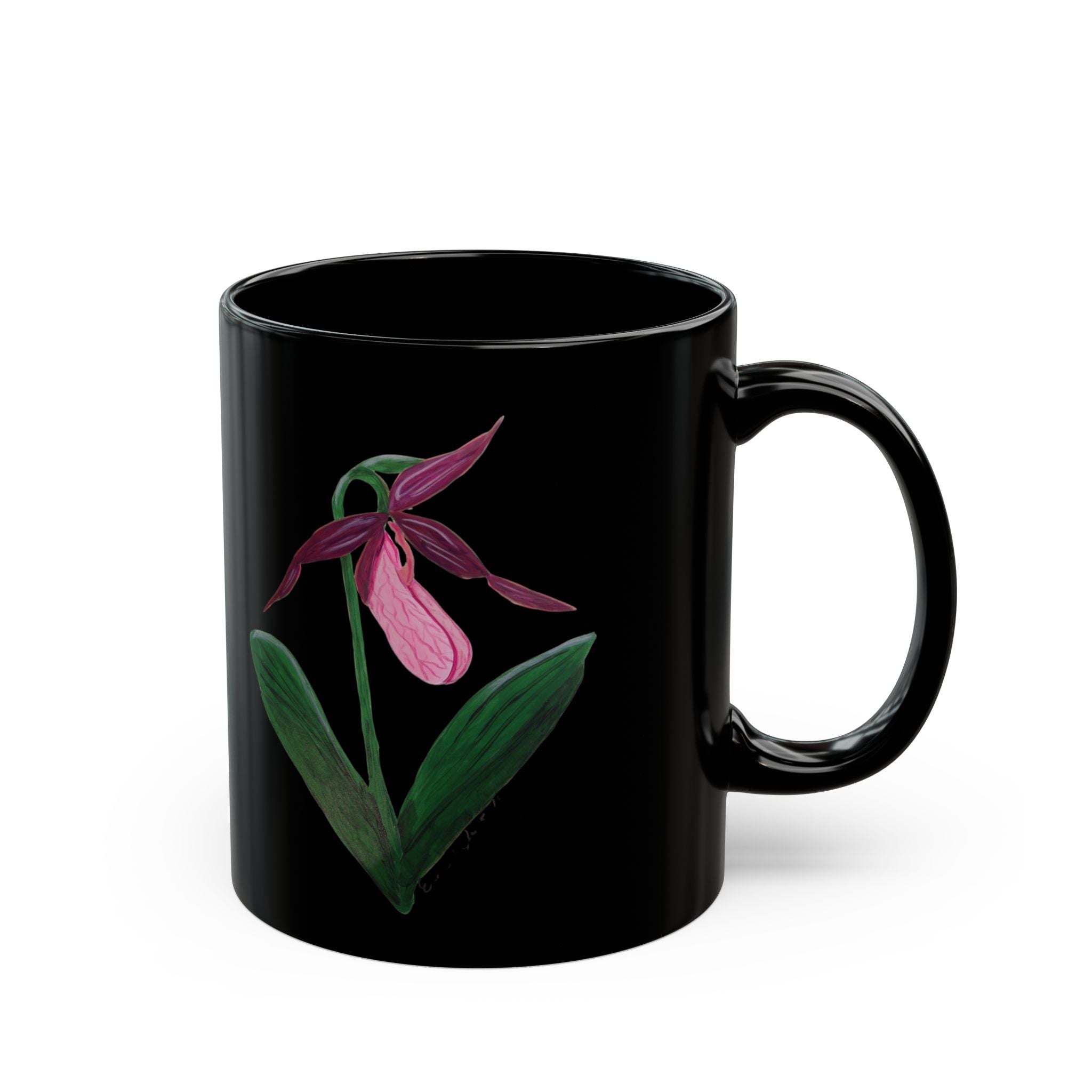 Pink Lady's Slipper Orchid Mug | Black Ceramic Coffee Cup