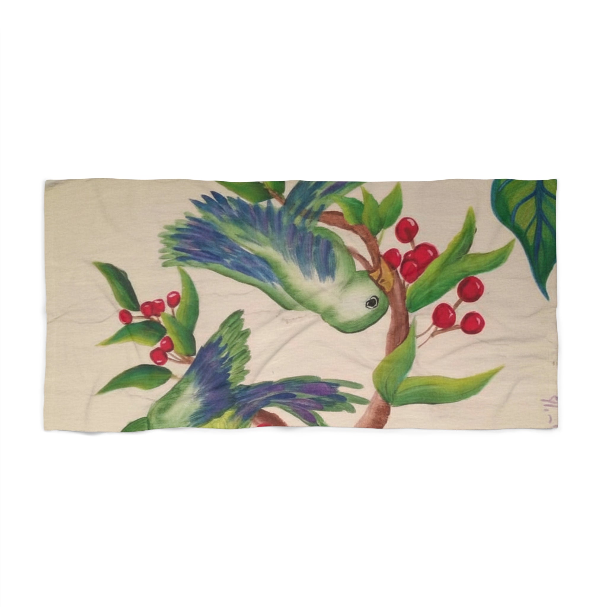 Tropical Parrot Beach Towel – Hand-Painted Birds & Coffee Berry Design
