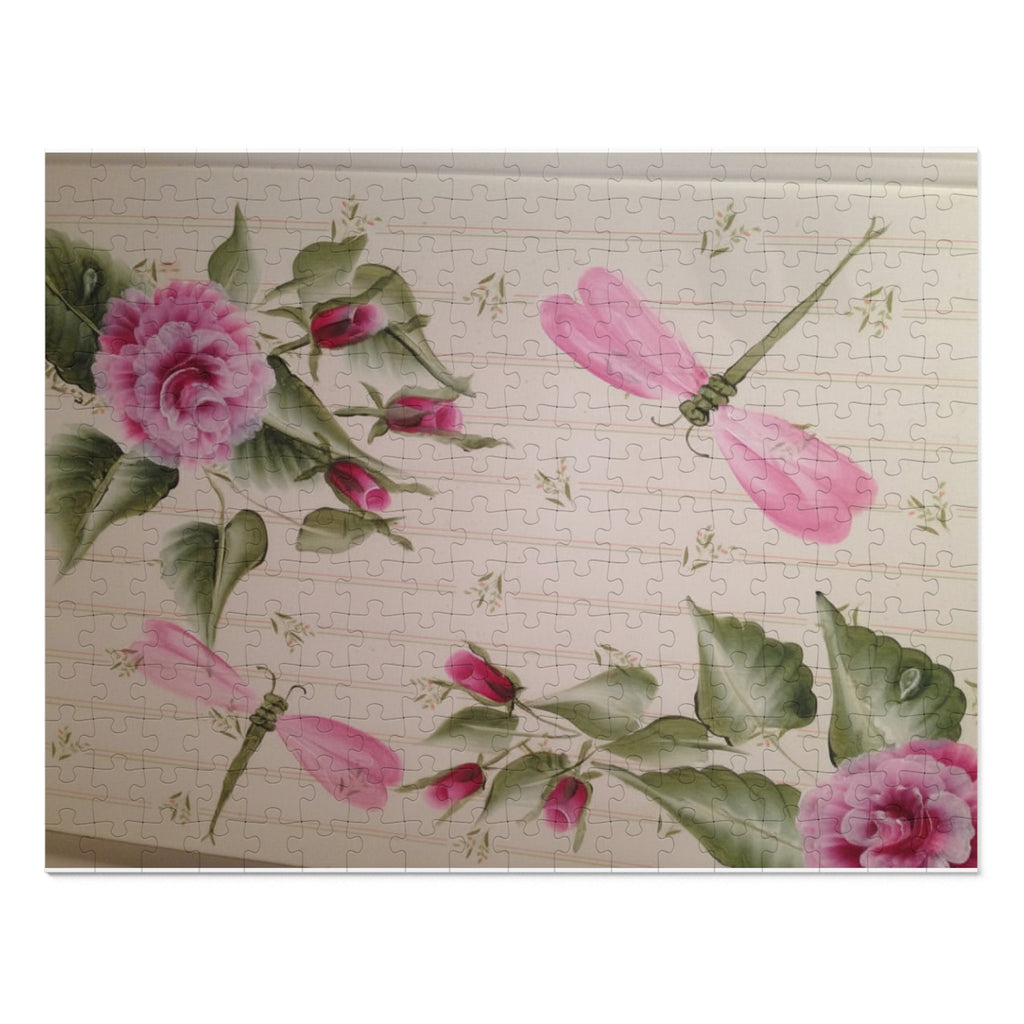 Pink Floral and Dragonfly Jigsaw Puzzle with Tin
