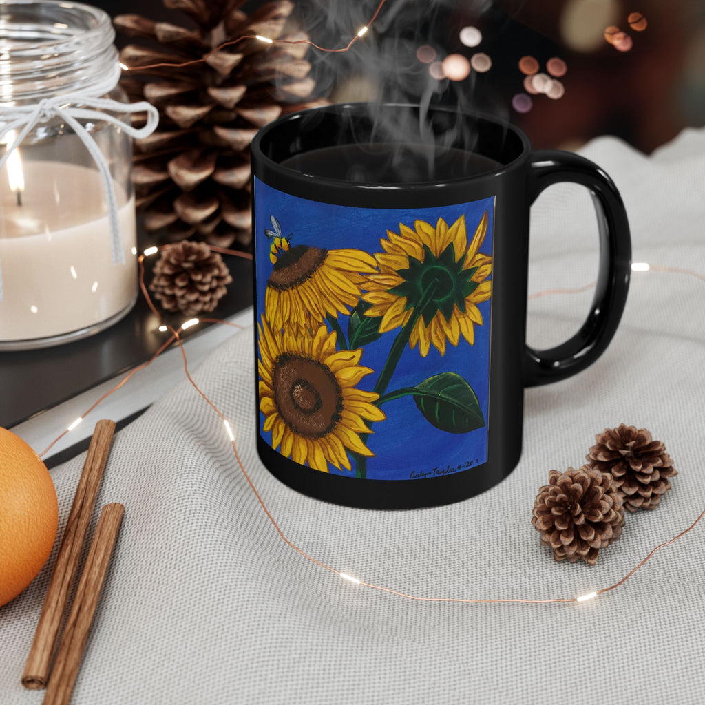 Sunflower Art Black Mug — Bright Floral Coffee Cup (11oz/15oz)
