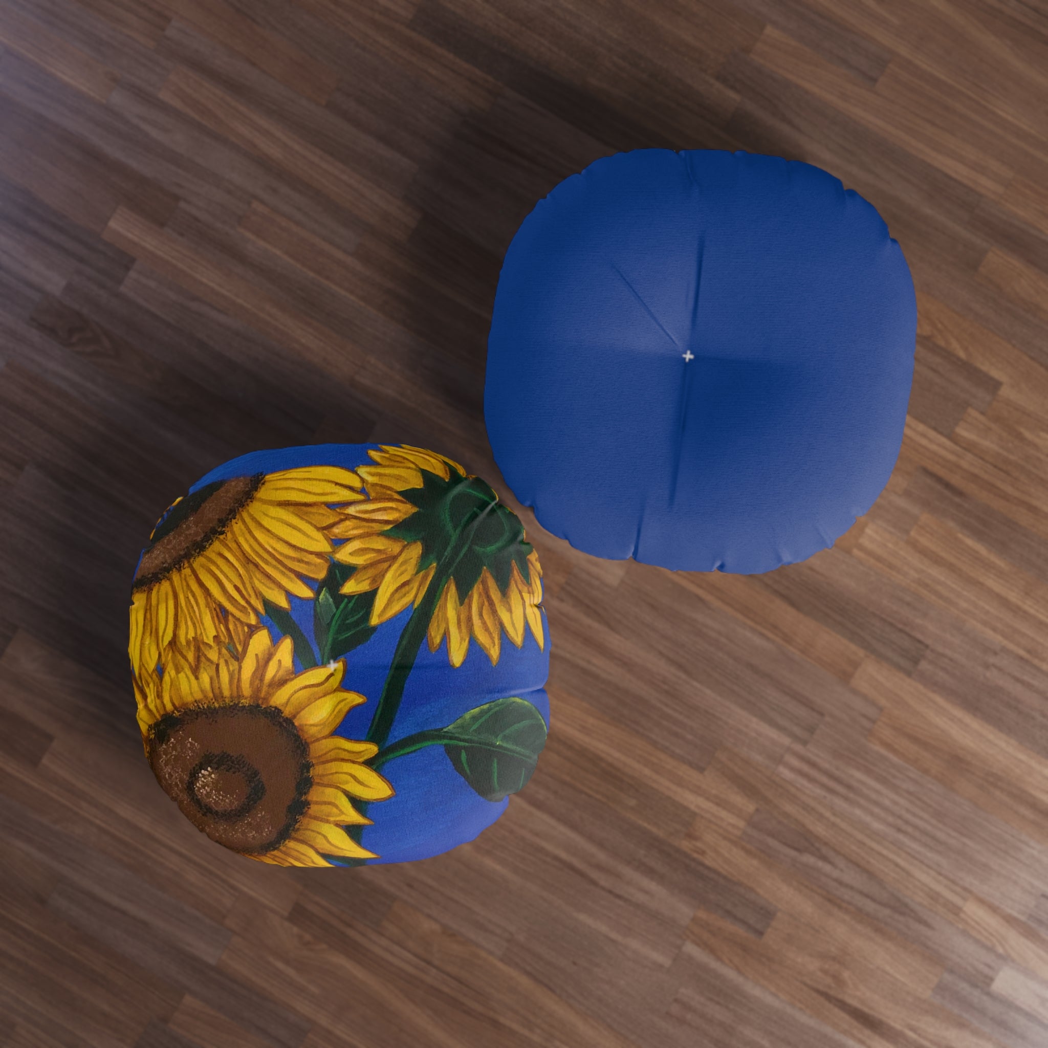 Sunflower Round Tufted Floor Pillow — Bright Blue Floral Accent Cushion