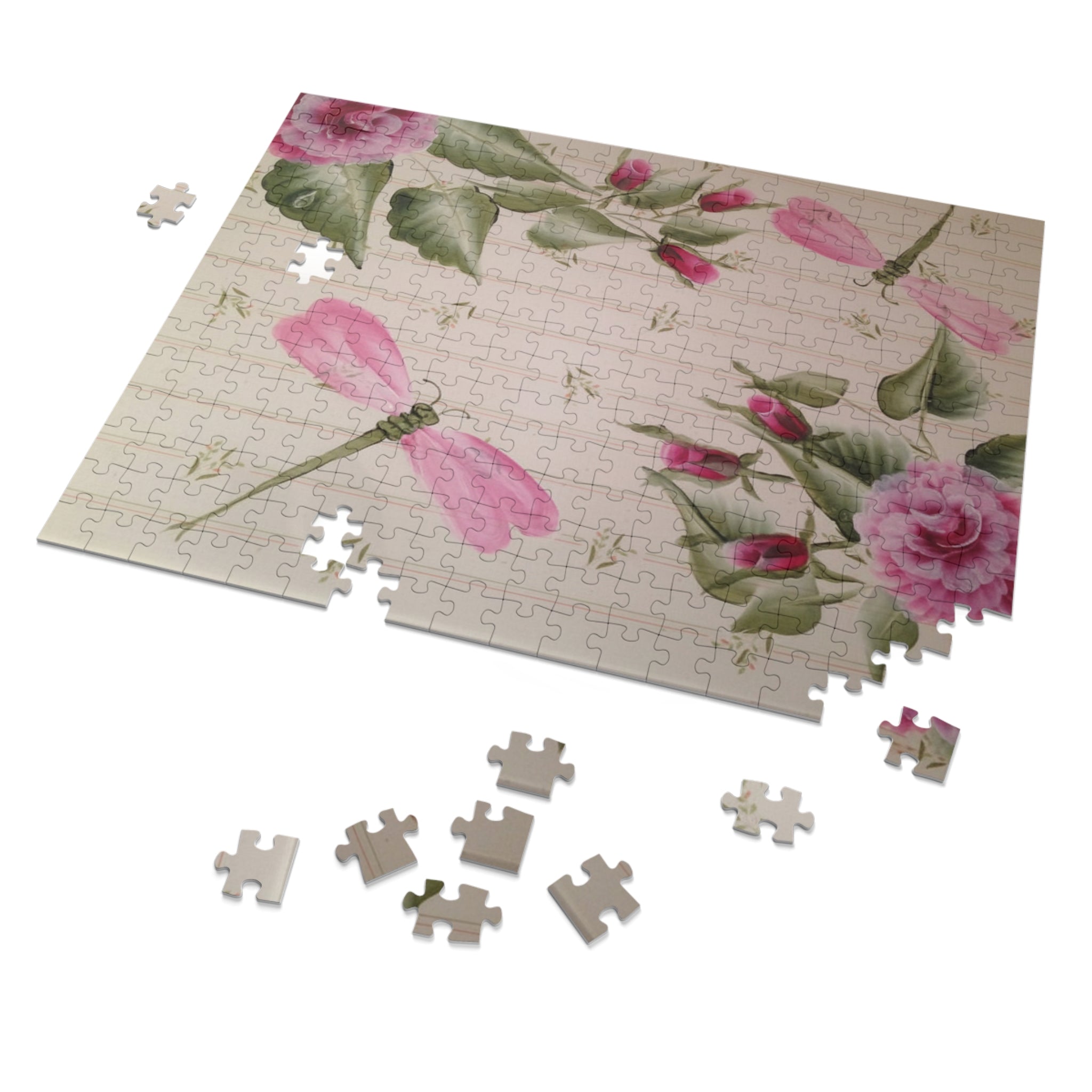 Floral Dragonfly Jigsaw Puzzle (with Tin) — 500-Piece Vintage Pink Rose Puzzle Gift
