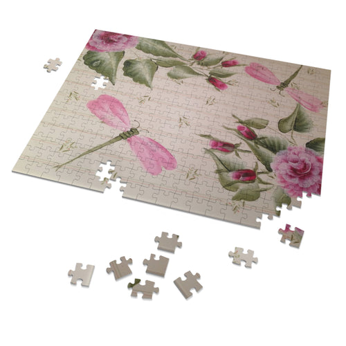 Floral Dragonfly Jigsaw Puzzle (with Tin) — 500-Piece Vintage Pink Rose Puzzle Gift