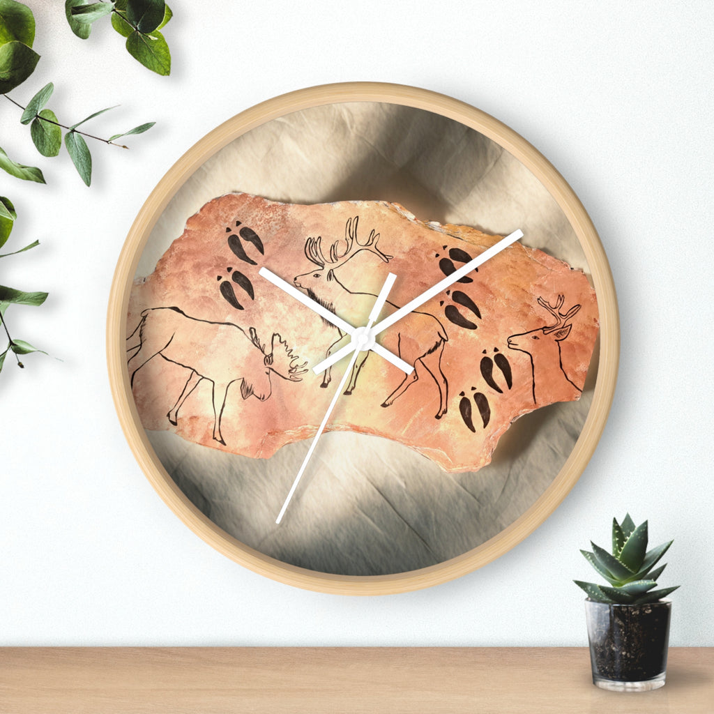Rustic Deer Petroglyph Wall Clock — Nature-Inspired Cave Art Decor