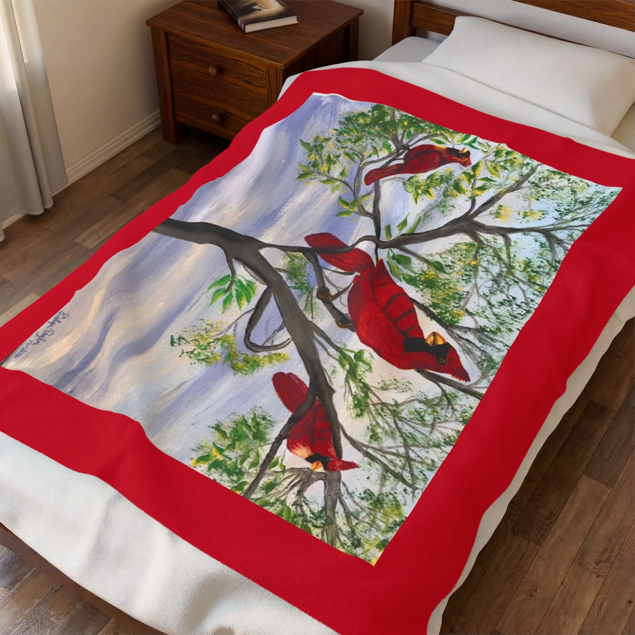 Cardinal Trio Velveteen Plush Blanket — Cozy Nature Throw with Red Bird Artwork