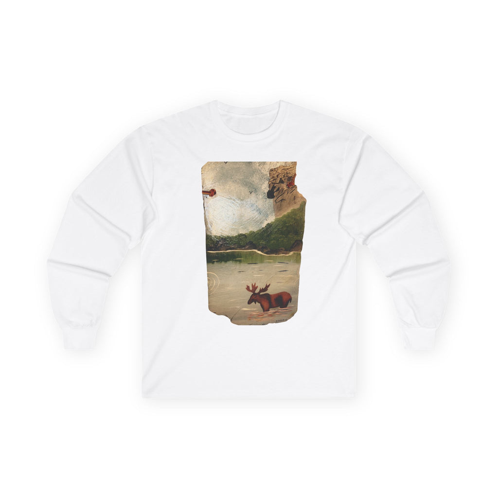 Vintage Landscape with Fox, Long Sleeve Tee | Rustic Nature Art