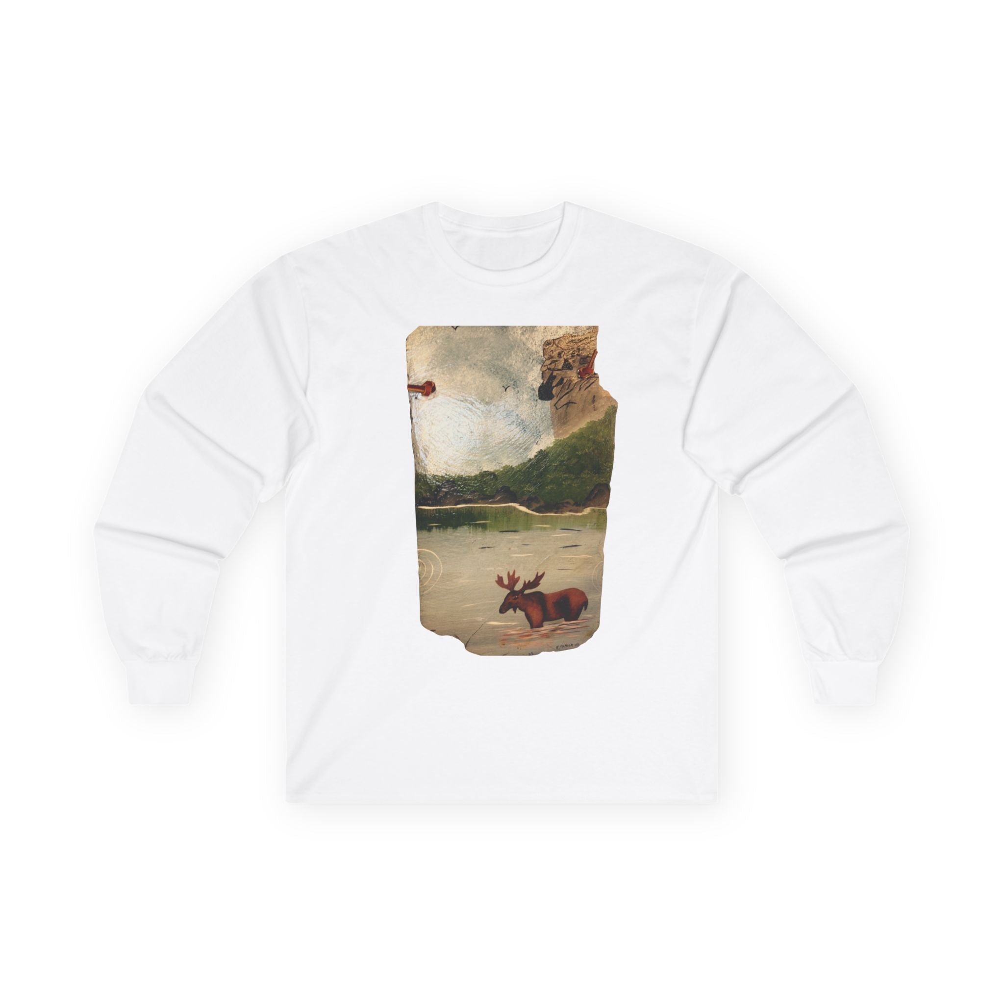 Vintage Landscape with Fox, Long Sleeve Tee | Rustic Nature Art