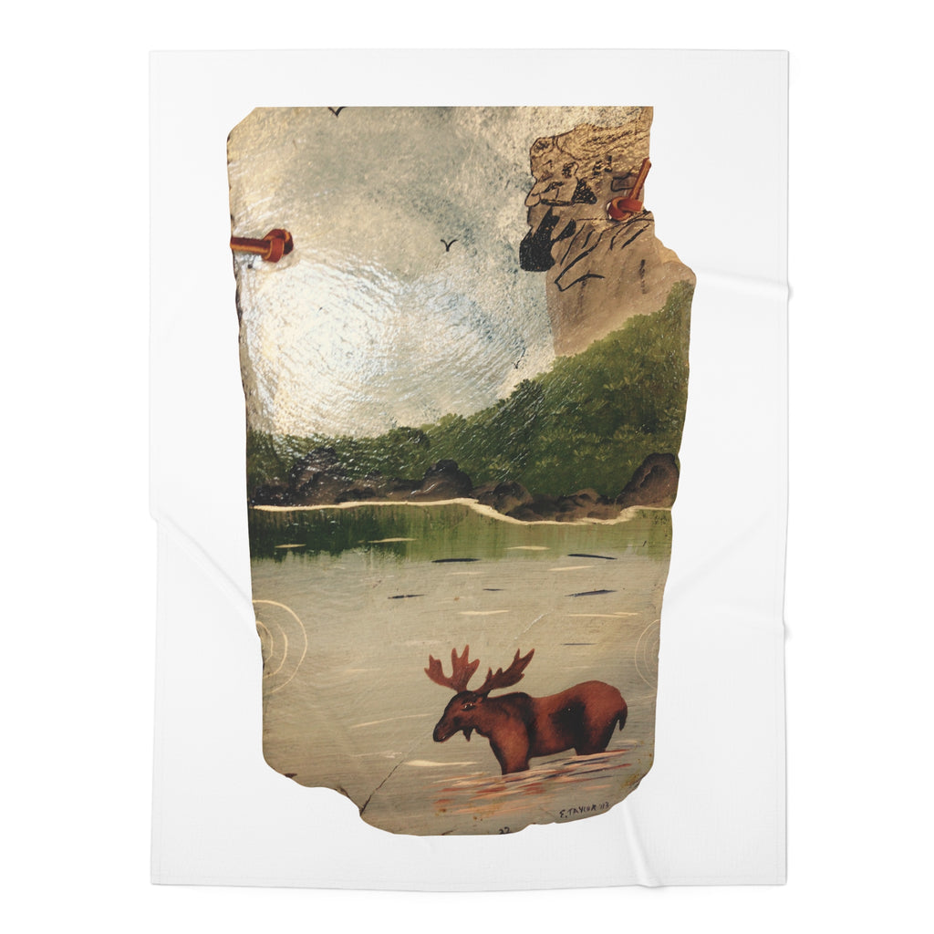 Moose Lake Illustration Baby Swaddle Blanket | Woodland Nursery, Vintage Animal