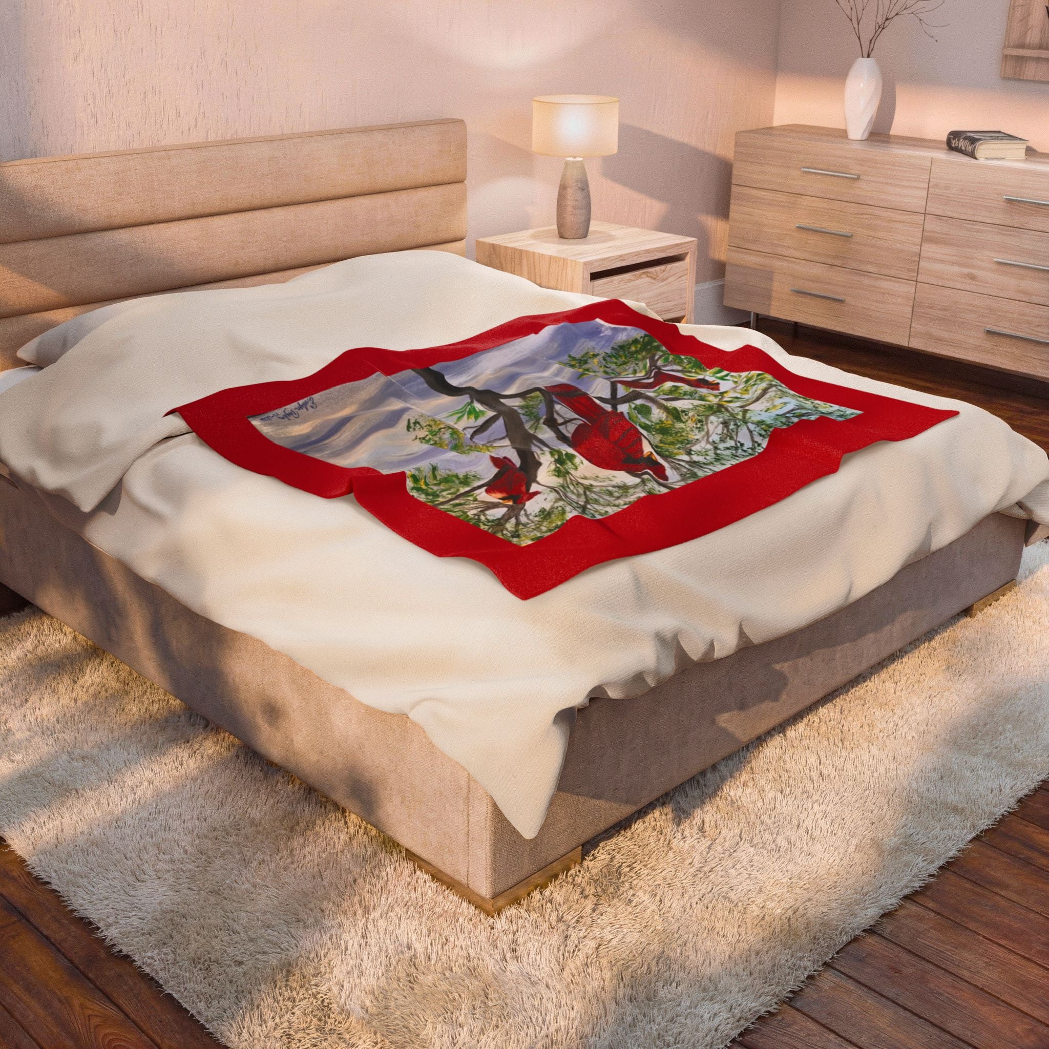Cardinal Trio Velveteen Plush Blanket — Cozy Nature Throw with Red Bird Artwork