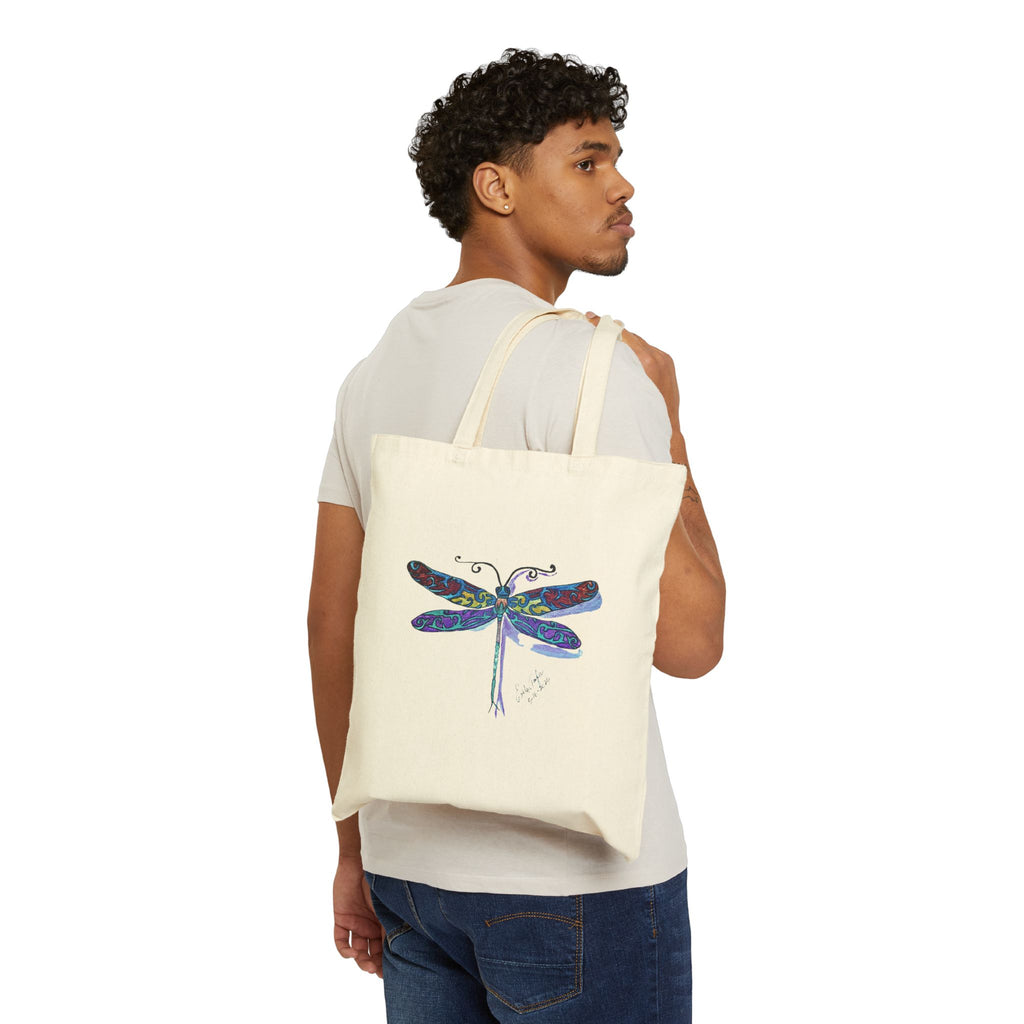 Dragonfly Motif Cotton Canvas Tote Bag — Colorful Boho Market Bag
