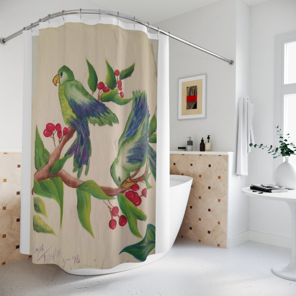 Tropical Parakeet Shower Curtain – Green Birds on Berry Branch Bathroom Decor