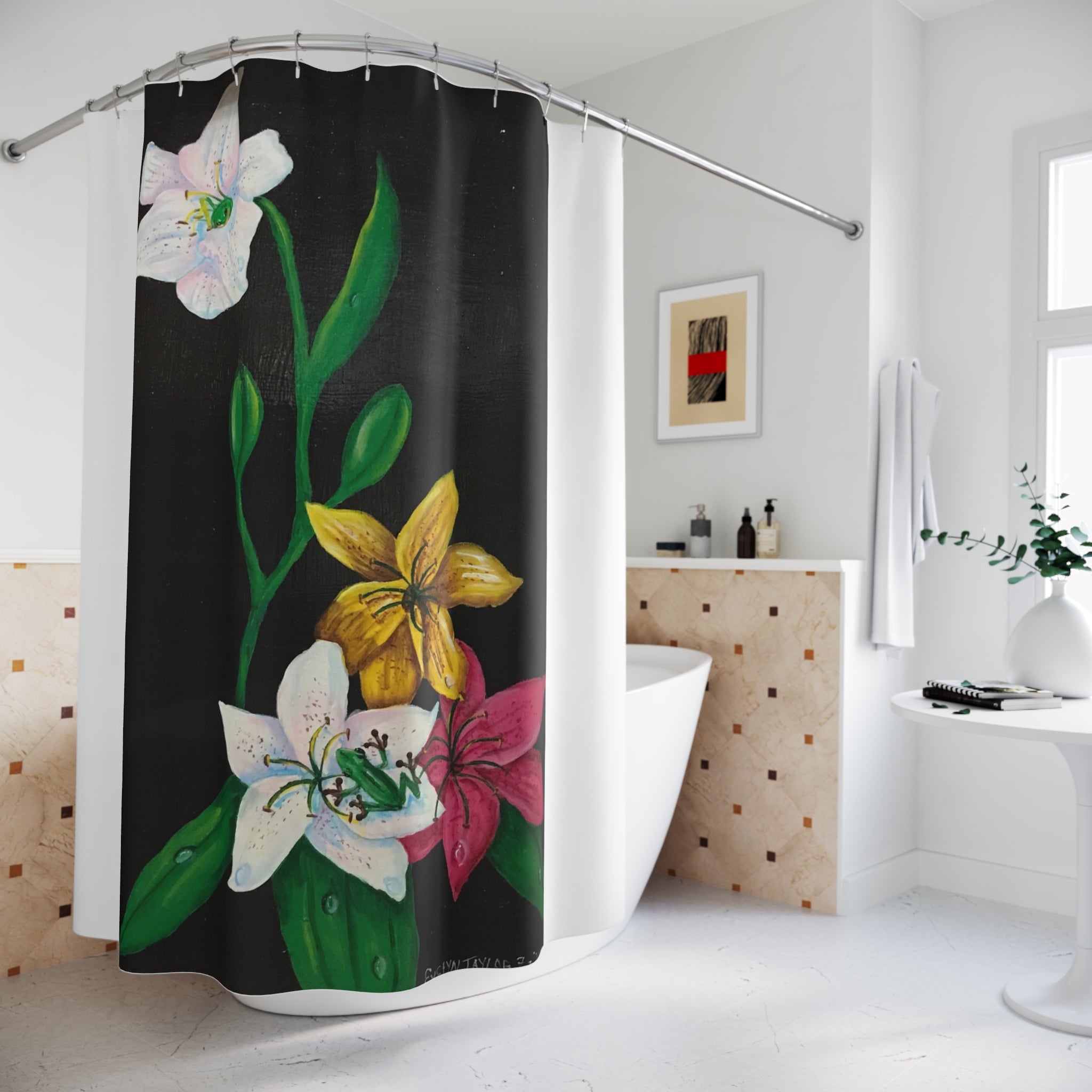 Two Tree Toads & Four Lily Blooms — Floral Art Shower Curtain