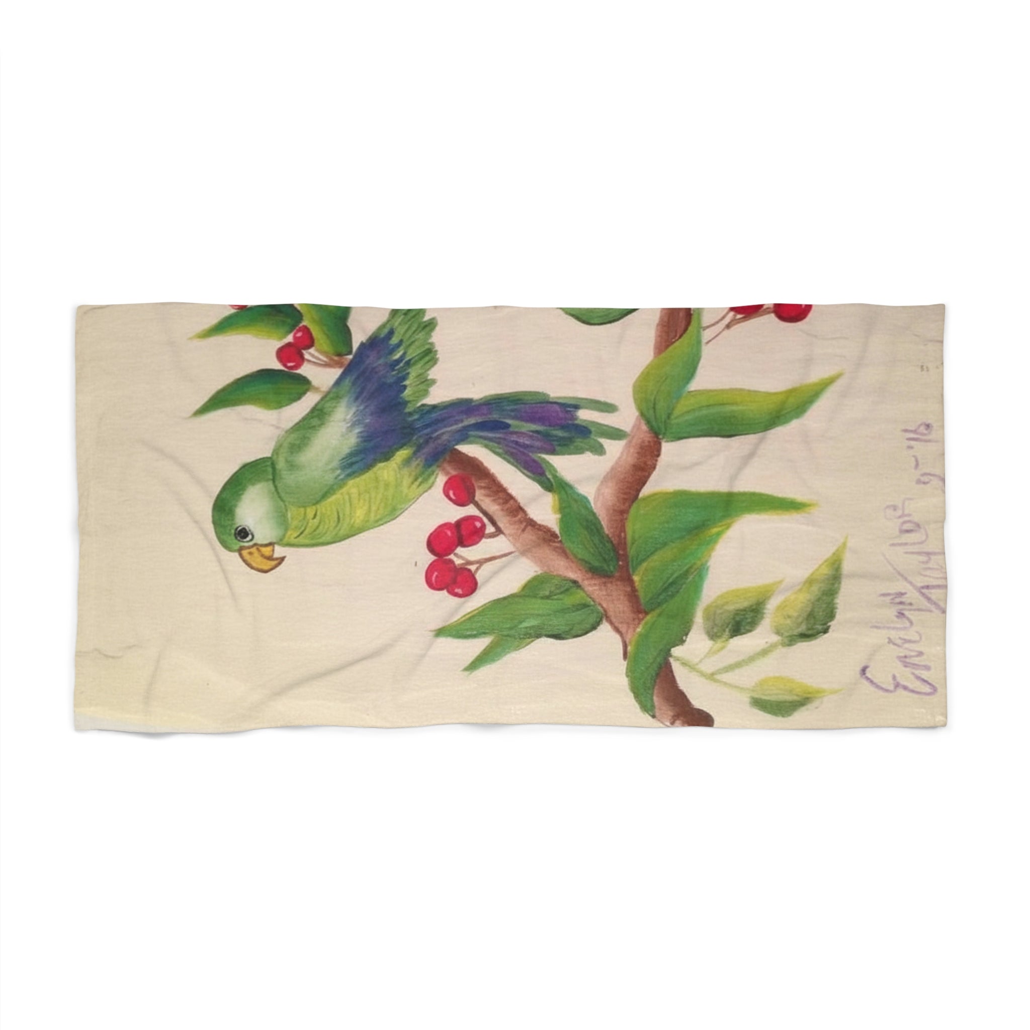 Parrot Blossom Beach Towel — Tropical Bird Print Sand & Pool Towel